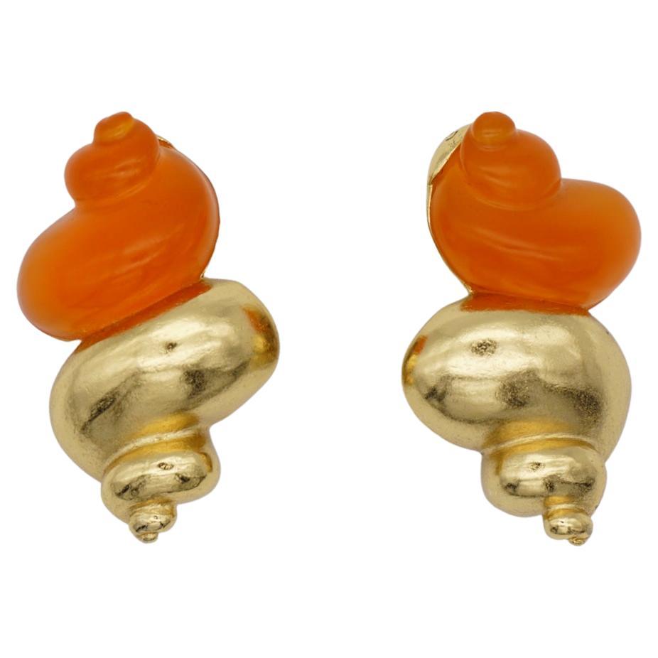 Christian Dior 1987 Robert Goossen Shell Conch Torch Jelly Orange Gold Earrings
