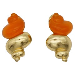 Christian Dior 1987 Robert Goossen Shell Conch Torch Jelly Orange Gold Earrings