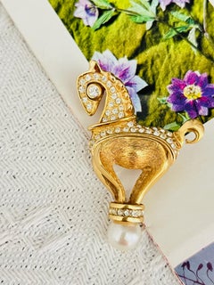 Christian Dior 1988 Vintage Cute Horse Stand Crystals White Round Pearl Brooch