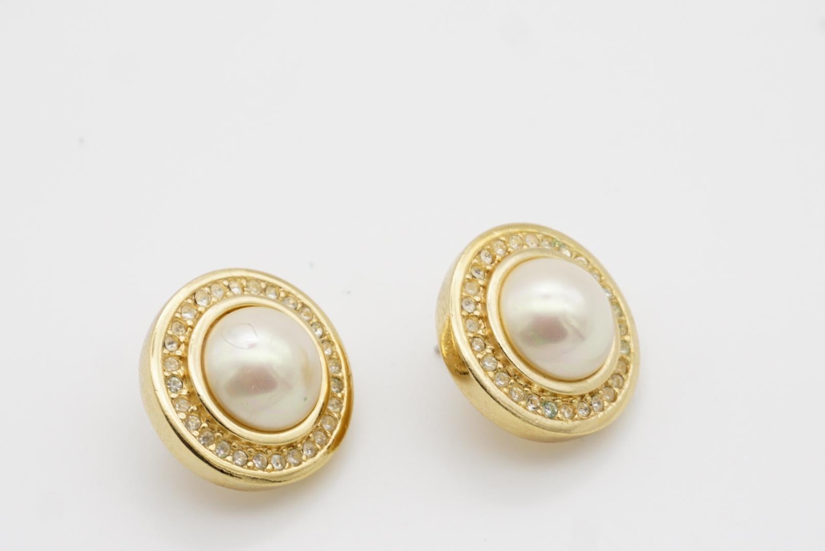 Christian Dior 1990 CHC Grosse White Large Round Pearl Crystals Pierced Earrings 5