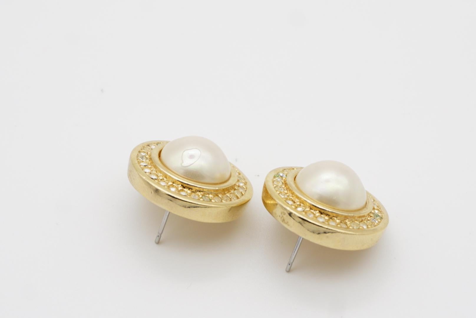 Christian Dior 1990 CHC Grosse White Large Round Pearl Crystals Pierced Earrings 6