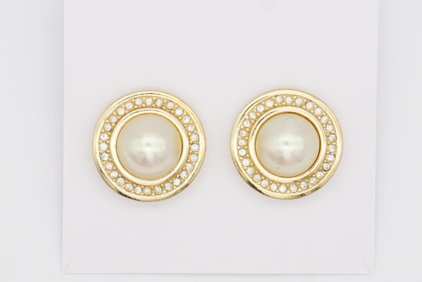 Christian Dior 1990 CHC Grosse White Large Round Pearl Crystals Pierced Earrings 2