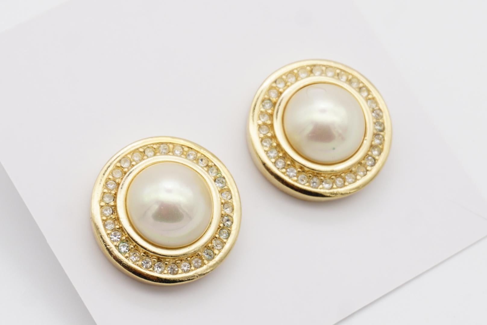 Christian Dior 1990 CHC Grosse White Large Round Pearl Crystals Pierced Earrings 3
