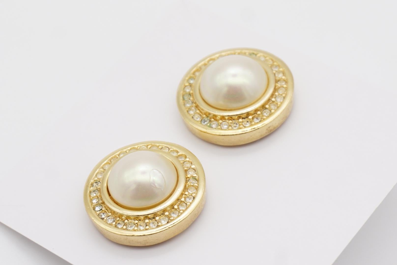 Christian Dior 1990 CHC Grosse White Large Round Pearl Crystals Pierced Earrings 4