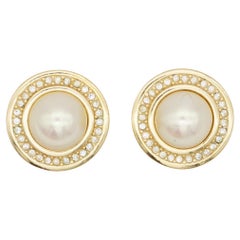 Vintage Christian Dior 1990 CHC Grosse White Large Round Pearl Crystals Pierced Earrings