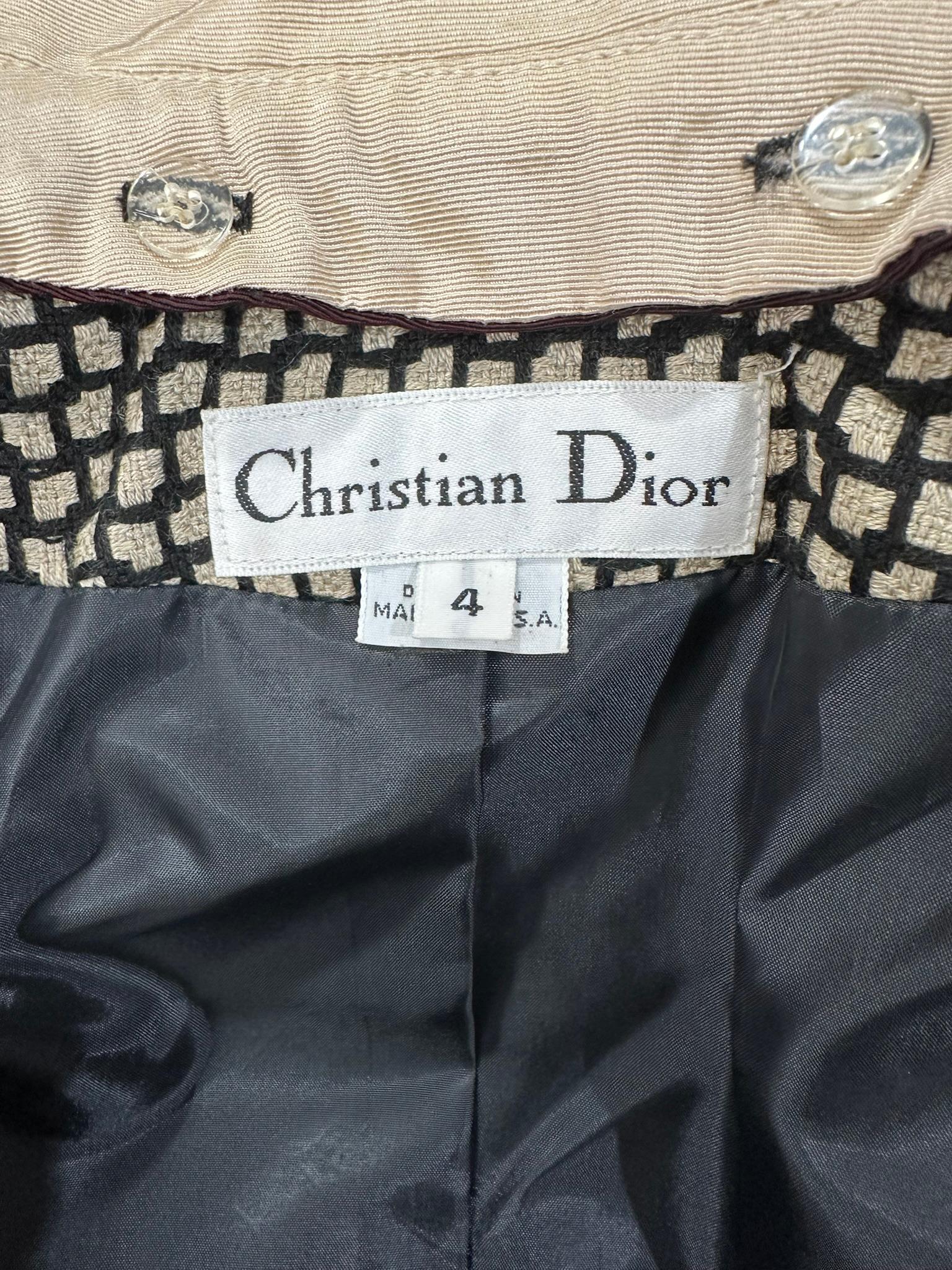 Christian Dior 1990s Black & Cream Woven Check Jacket with Button Collar & Cuffs 10
