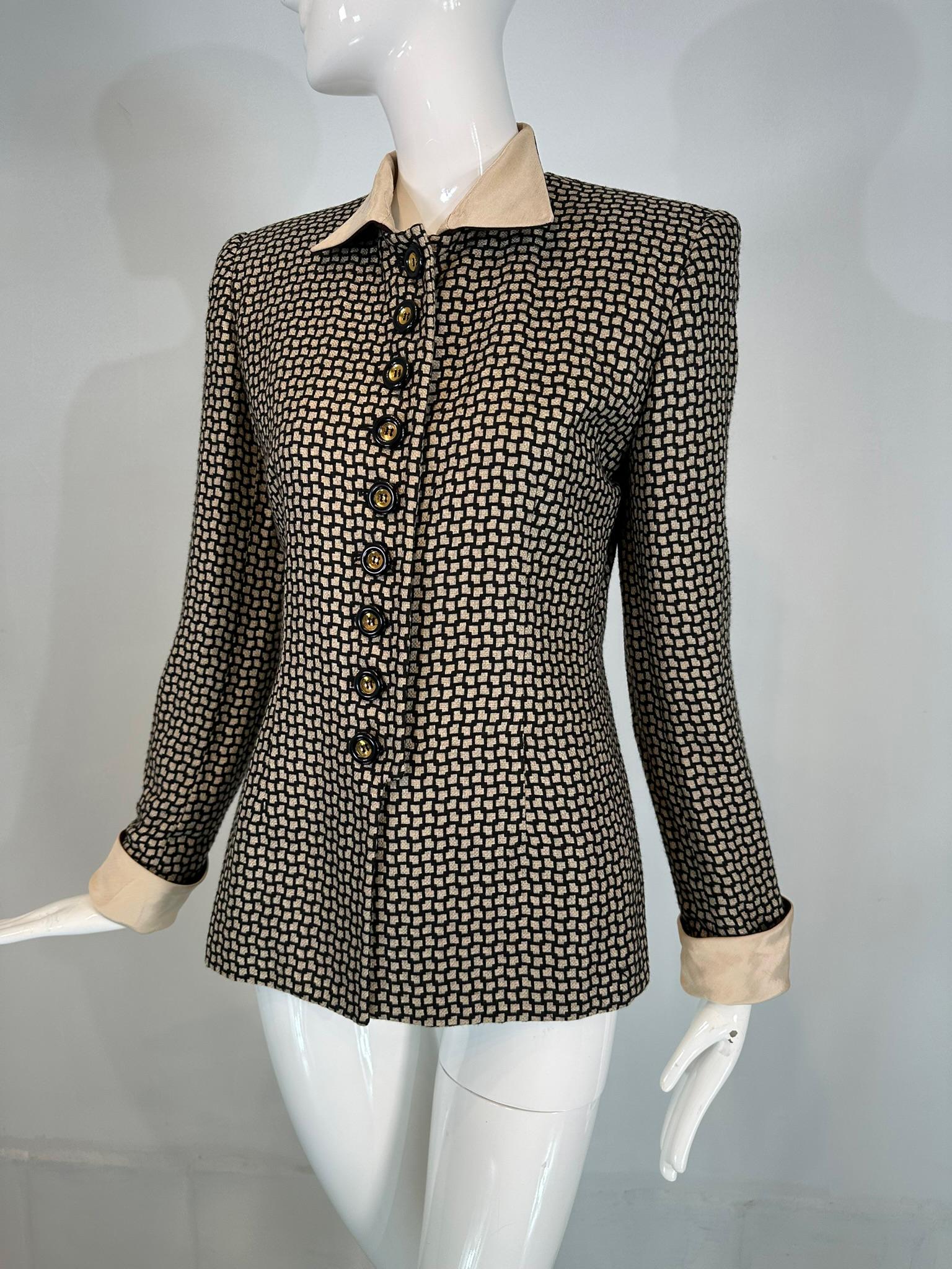 Christian Dior 1990s black & cream woven check jacket with detachable, button collar & cuffs. Structured shoulder jacket has button on & off cream faille collar & cuffs, which are backed in burgundy faille. Single breasted & fitted through the waist