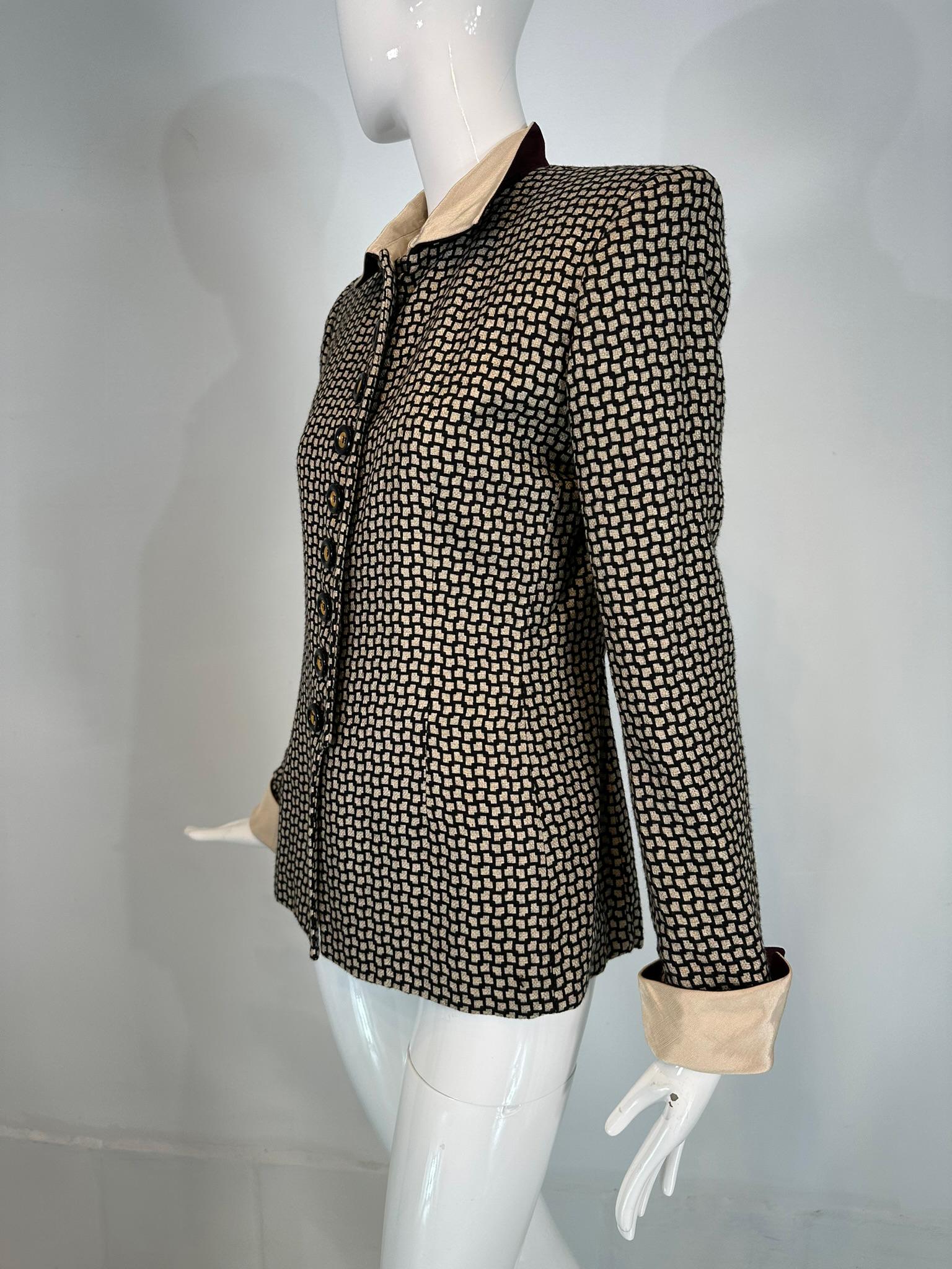 Christian Dior 1990s Black & Cream Woven Check Jacket with Button Collar & Cuffs In Good Condition In West Palm Beach, FL