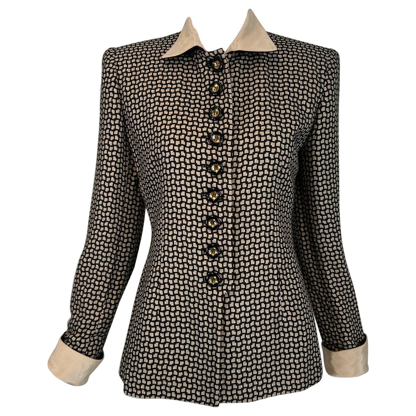 Christian Dior 1990s Black & Cream Woven Check Jacket with Button Collar & Cuffs