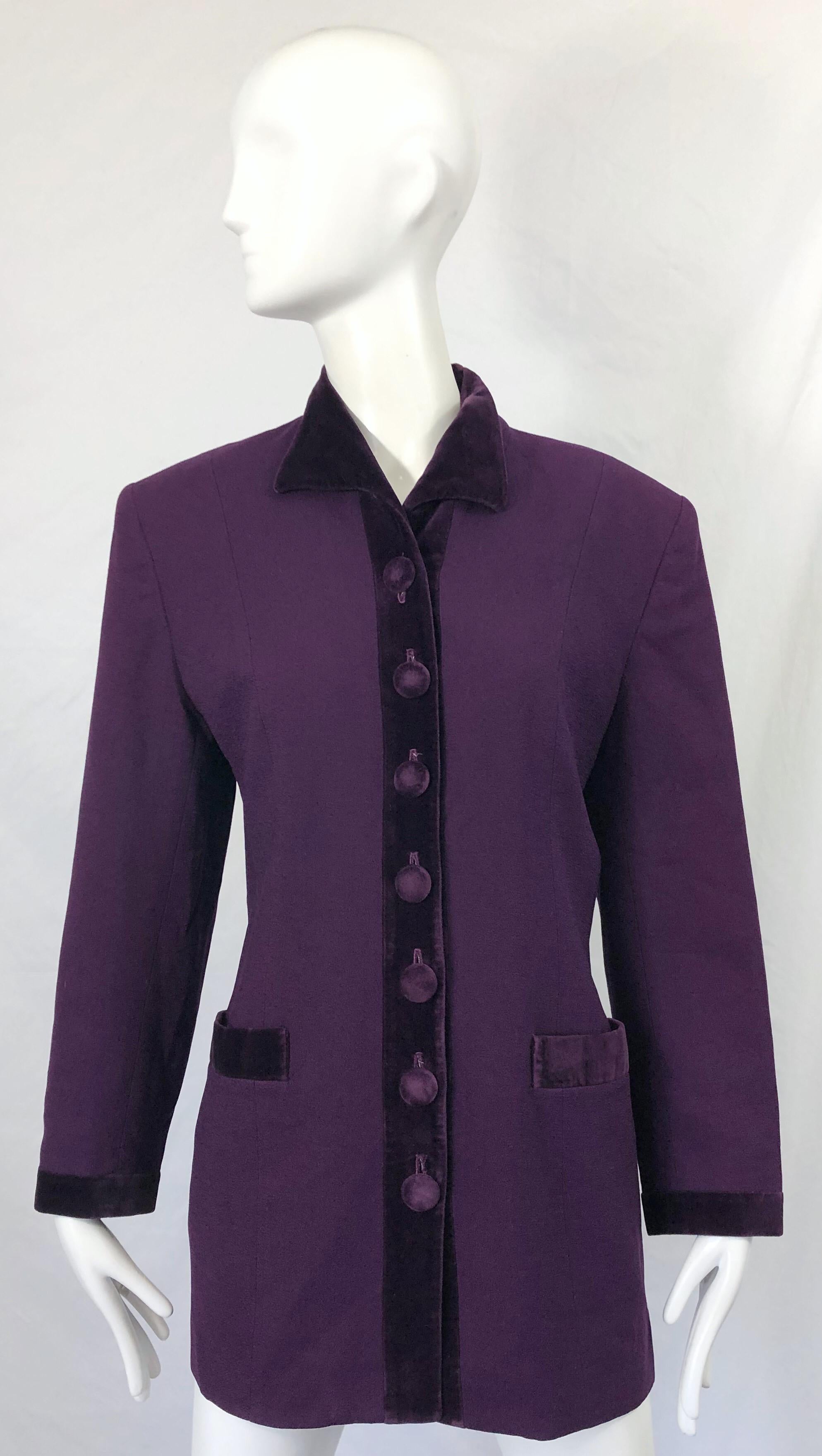 Christian Dior 1990s Sz 10 Purple Eggplant Wool Velvet 90s Vintage Jacket Blazer For Sale 9