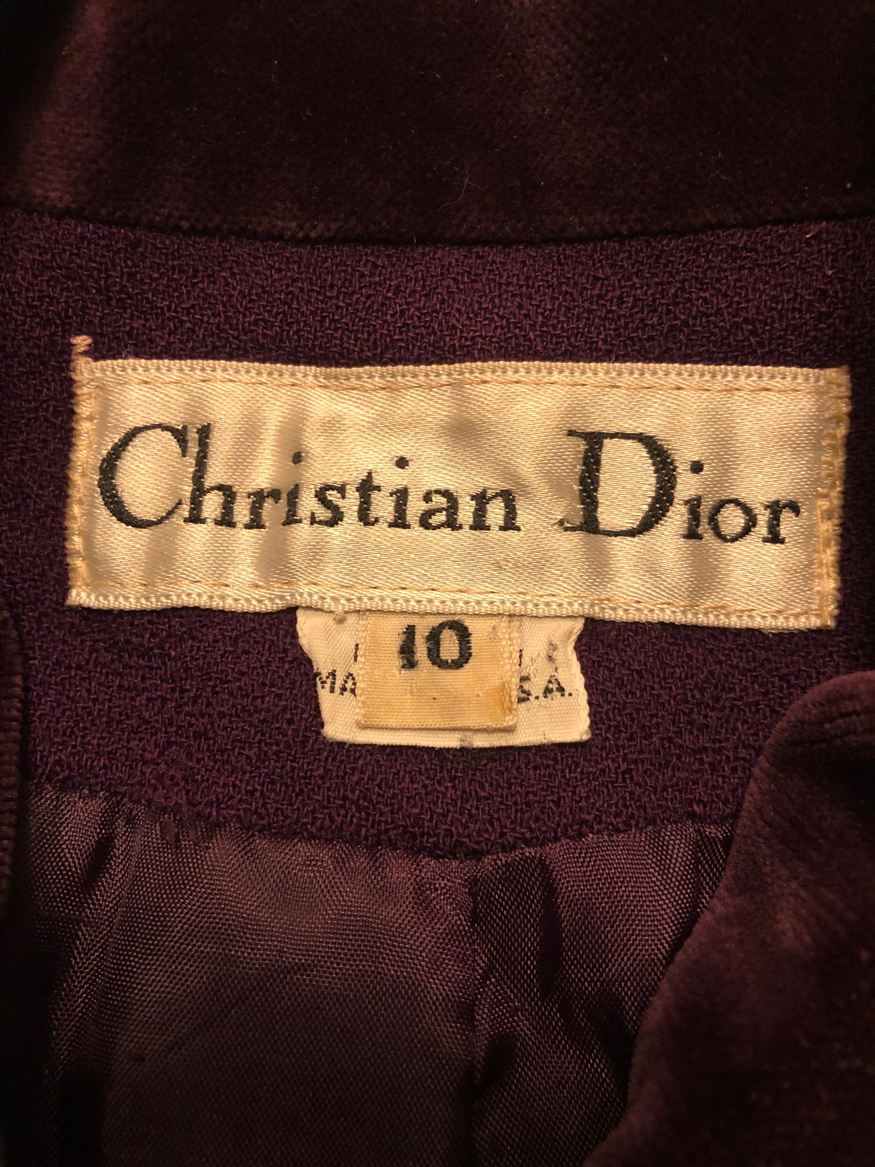 Chic 1990s CHRISTIAN DIOR Size 10 purple / eggplant wool and velvet women's blazer jacket ! Beautiful warm tone of purple. Tailored with lightweight wool, with velvet trimmed up the front center, pockets, collar, and sleeve cuffs. Seven velvet