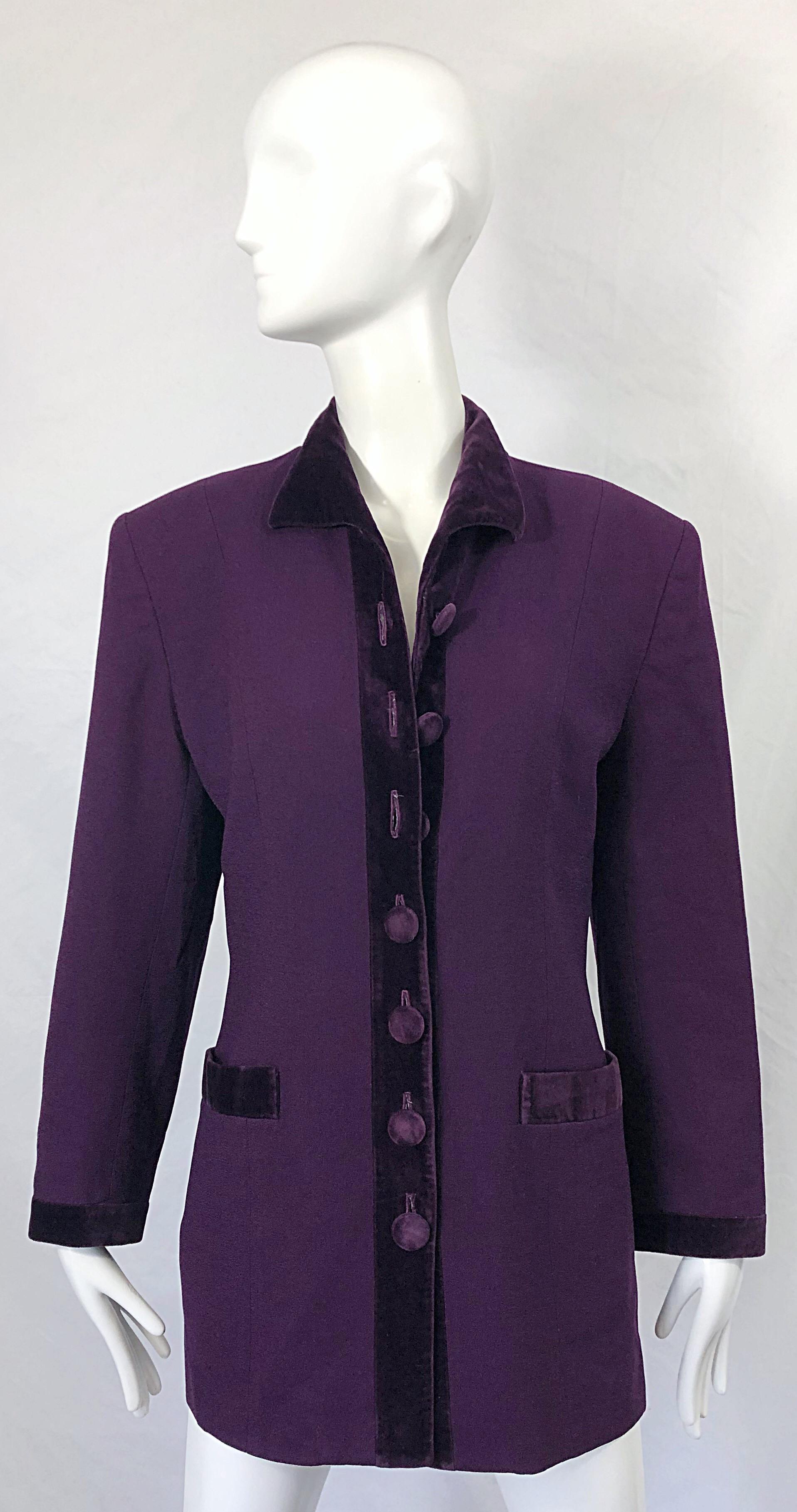 Black Christian Dior 1990s Sz 10 Purple Eggplant Wool Velvet 90s Vintage Jacket Blazer For Sale