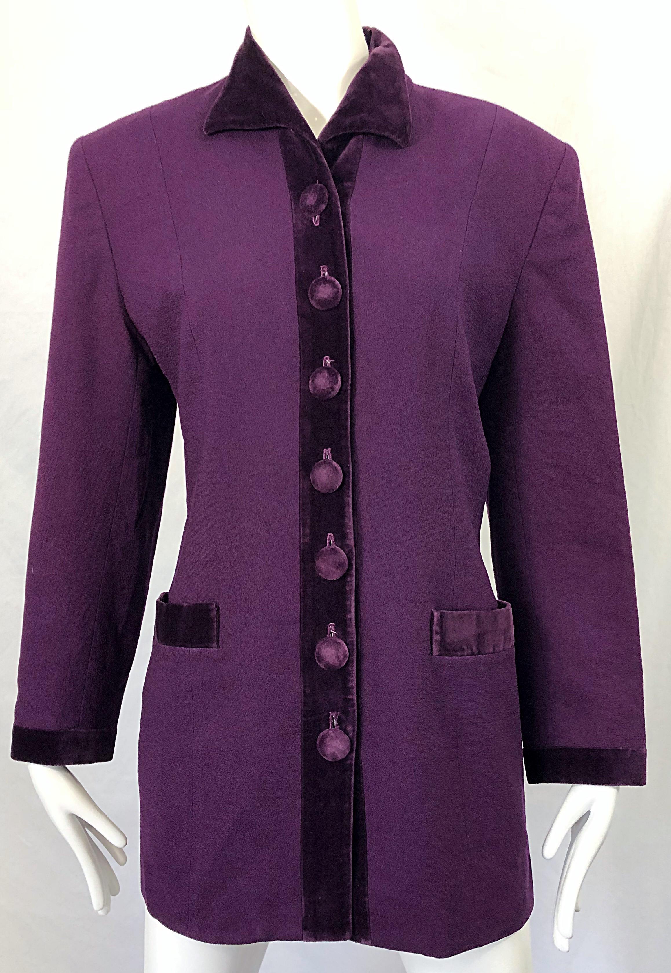 Christian Dior 1990s Sz 10 Purple Eggplant Wool Velvet 90s Vintage Jacket Blazer For Sale 1