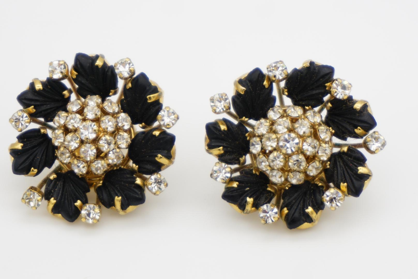 Christian Dior 1992 Vintage Vivid Black Blossom Flower Crystals Leaf Ohrringe im Angebot 5