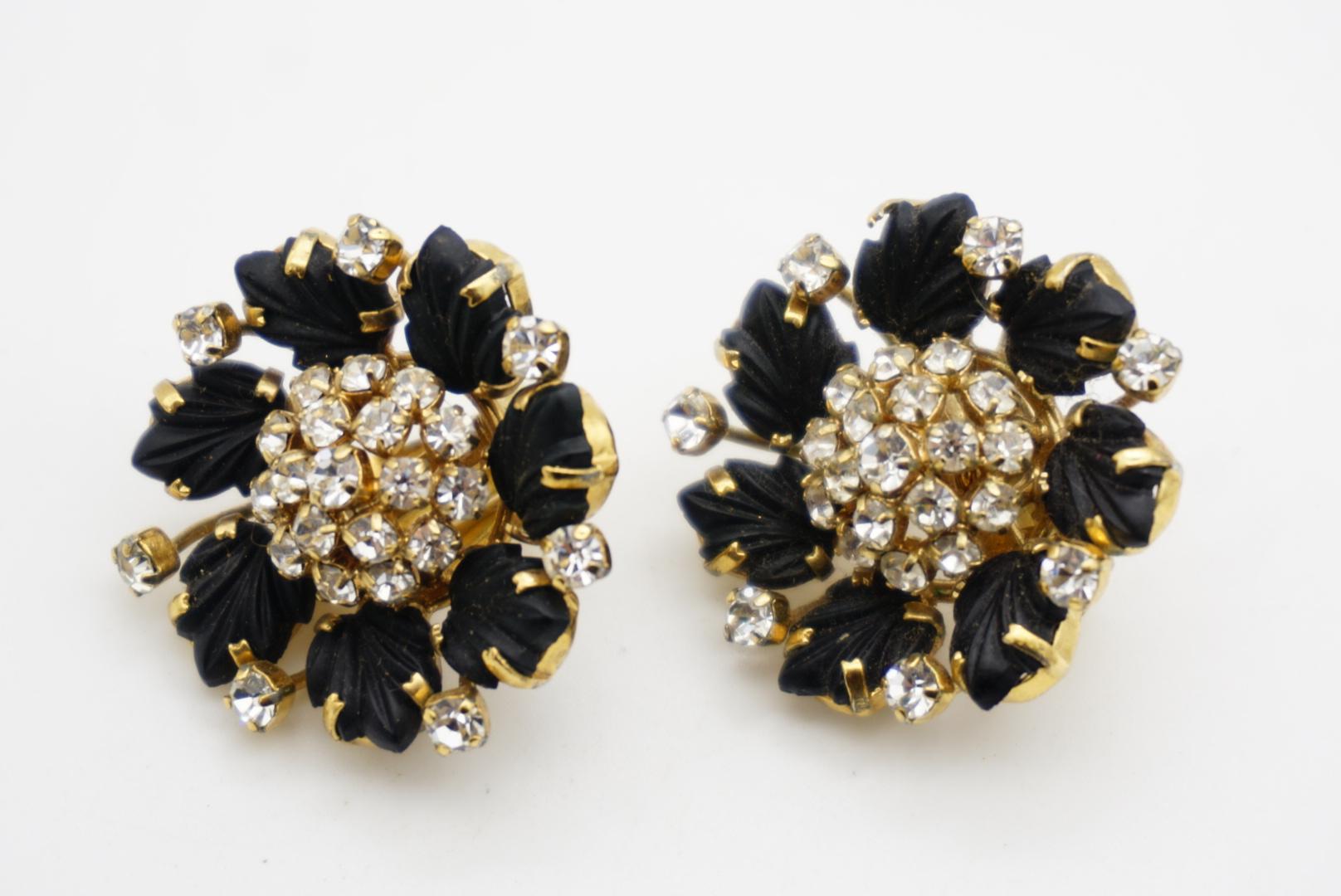 Christian Dior 1992 Vintage Vivid Black Blossom Flower Crystals Leaf Ohrringe im Angebot 6