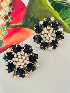 Christian Dior 1992 Vintage Vivid Black Blossom Flower Crystals Leaf Earrings