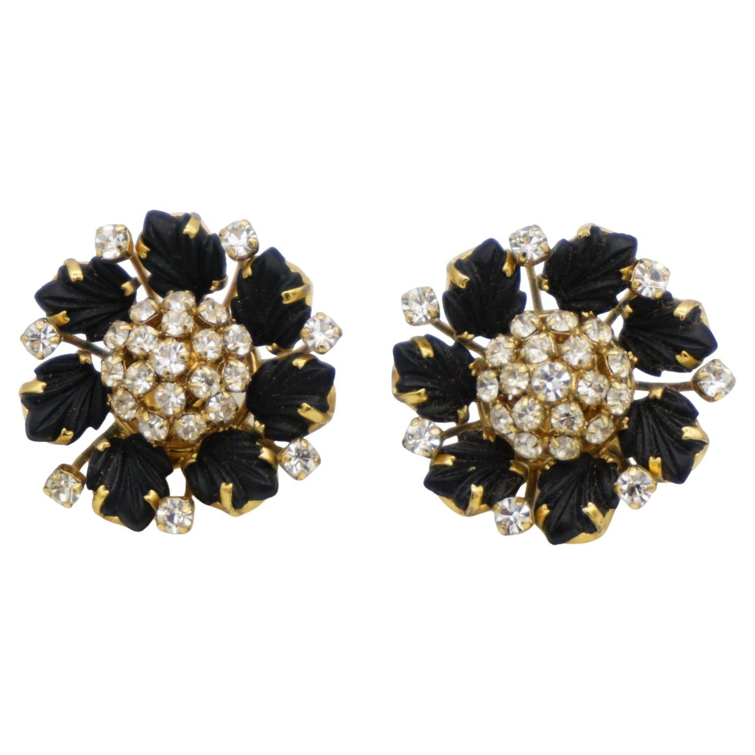 Christian Dior 1992 Vintage Pendientes Flor Negra Vívida Flor Cristales Hoja