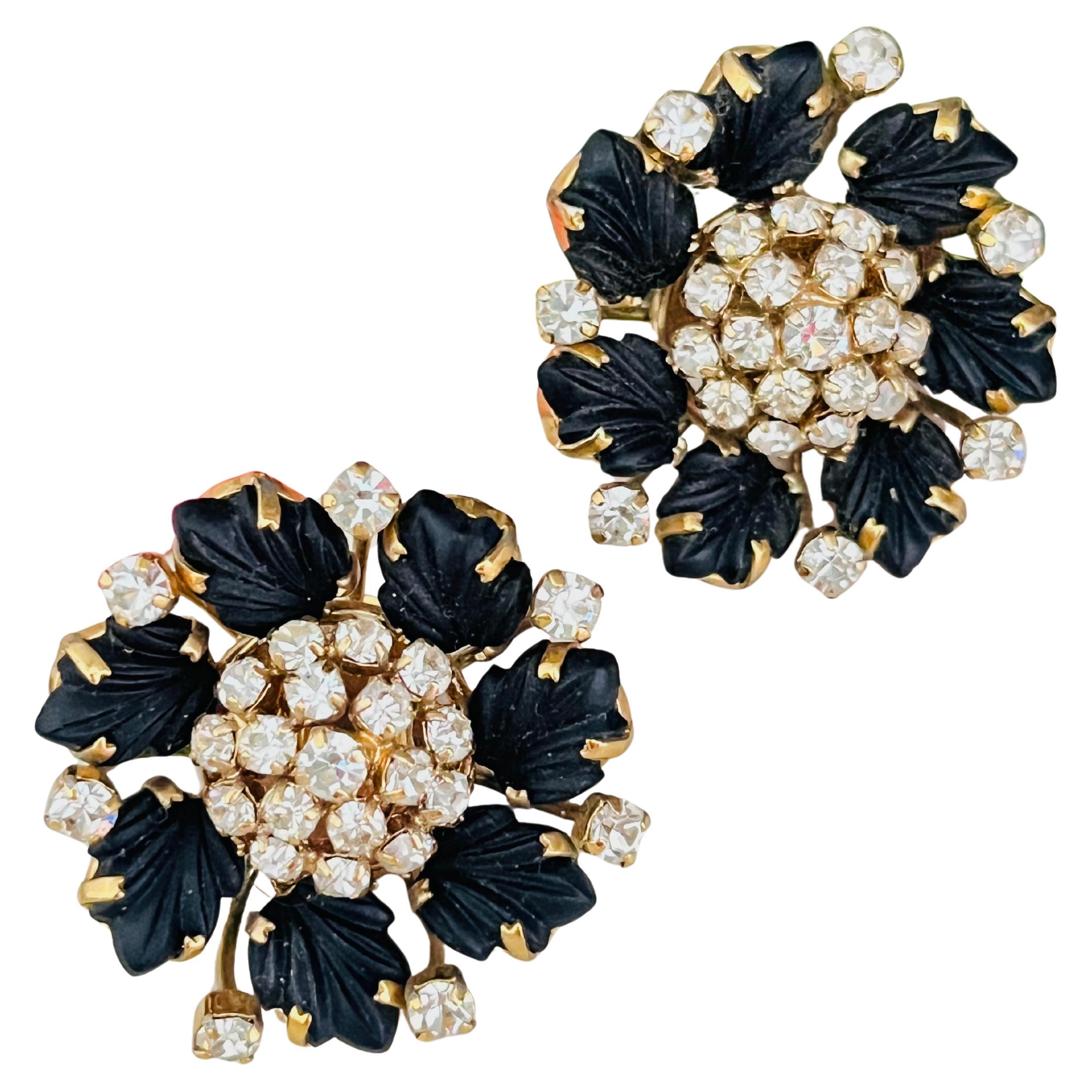 Boucles d'oreilles Christian Dior 1992 Vintage Vivid Crystals Black Blossom Flower Leaf