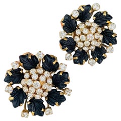 Christian Dior 1992 Vintage Vivid Crystals Black Blossom Flower Leaf Earrings