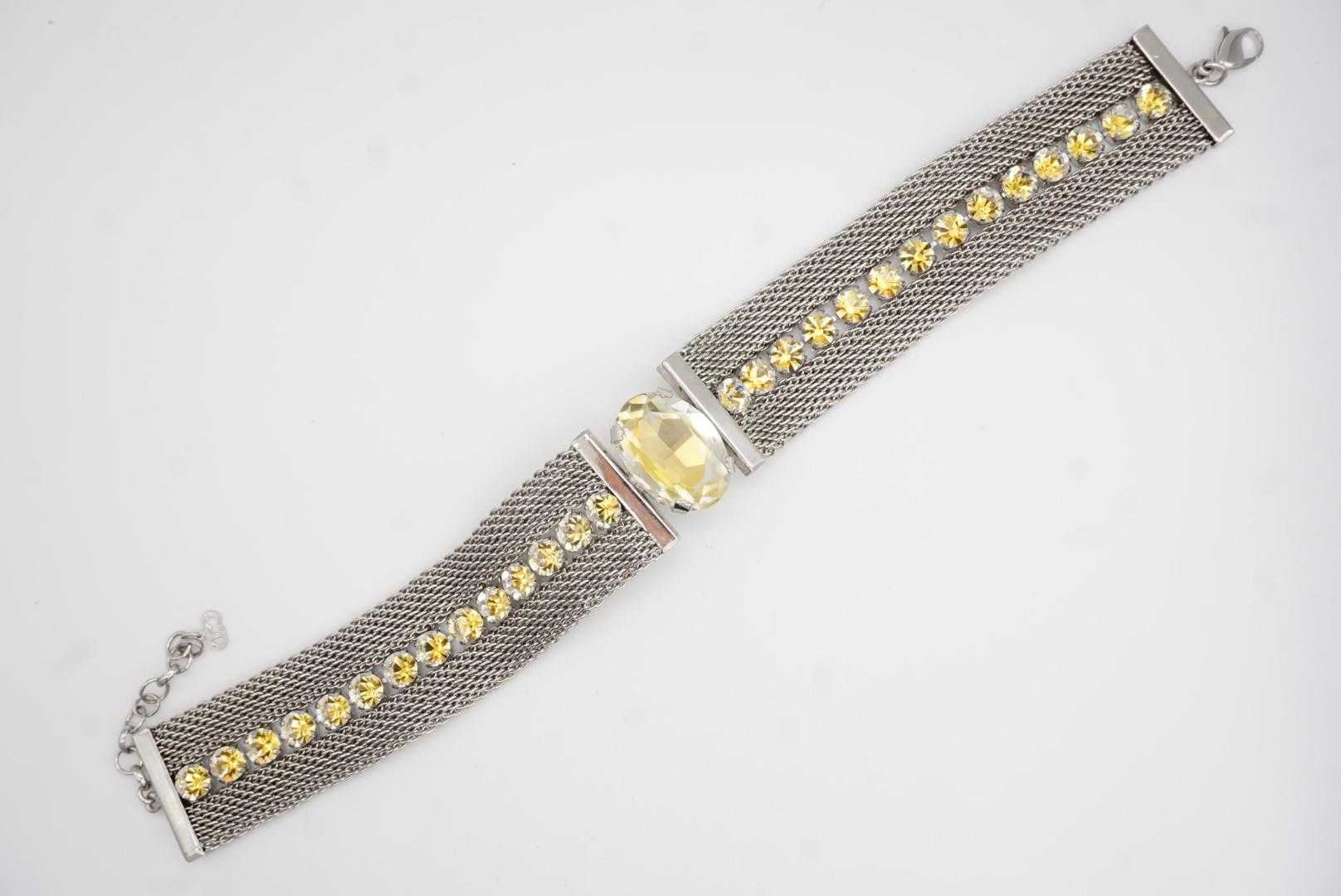 CHRISTIAN DIOR 1994 Citrine Oval Pendant Crystals Mesh Choker Silver Necklace For Sale 5
