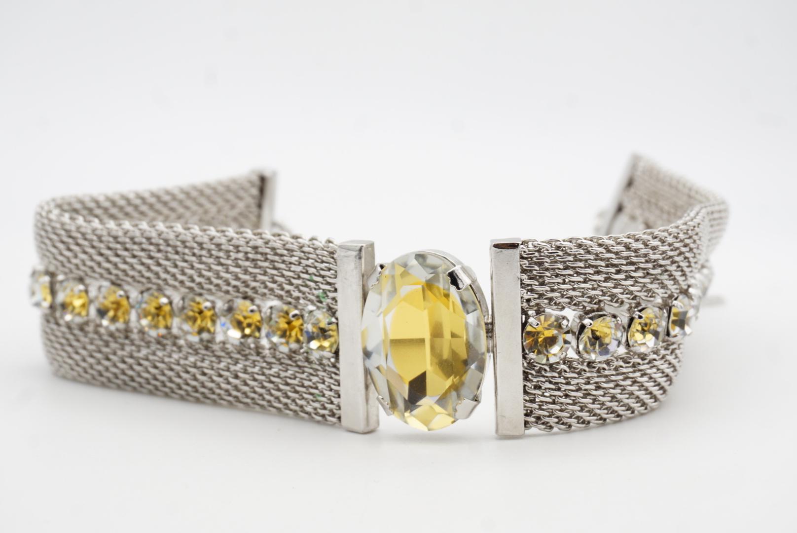 CHRISTIAN DIOR 1994 Citrine Oval Pendant Crystals Mesh Choker Silver Necklace For Sale 6