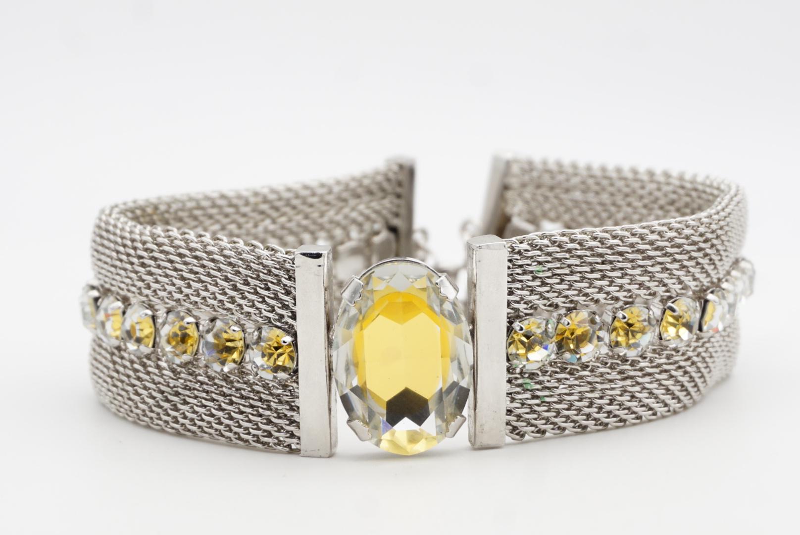 CHRISTIAN DIOR 1994 Citrine Oval Pendant Crystals Mesh Choker Silver Necklace For Sale 7