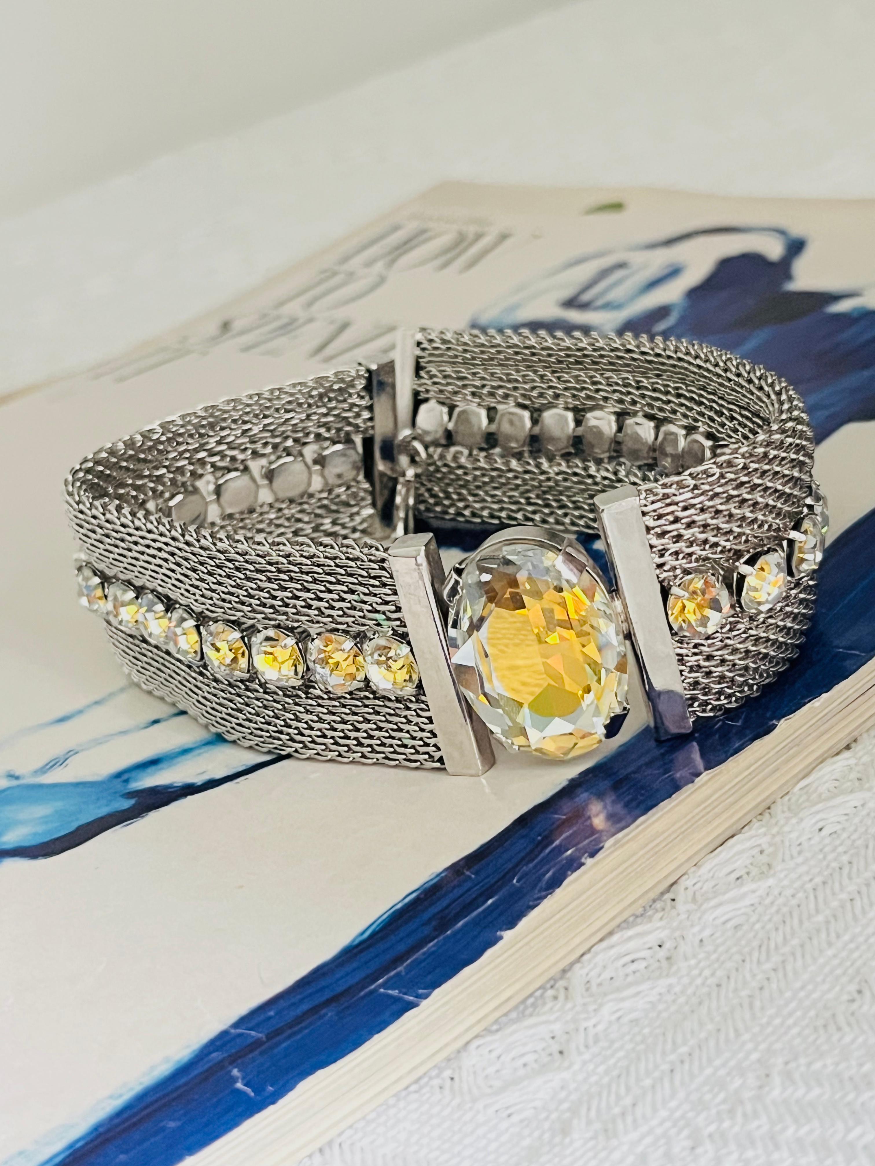CHRISTIAN DIOR 1994 Citrine Oval Pendant Crystals Mesh Choker Silver Necklace For Sale 2