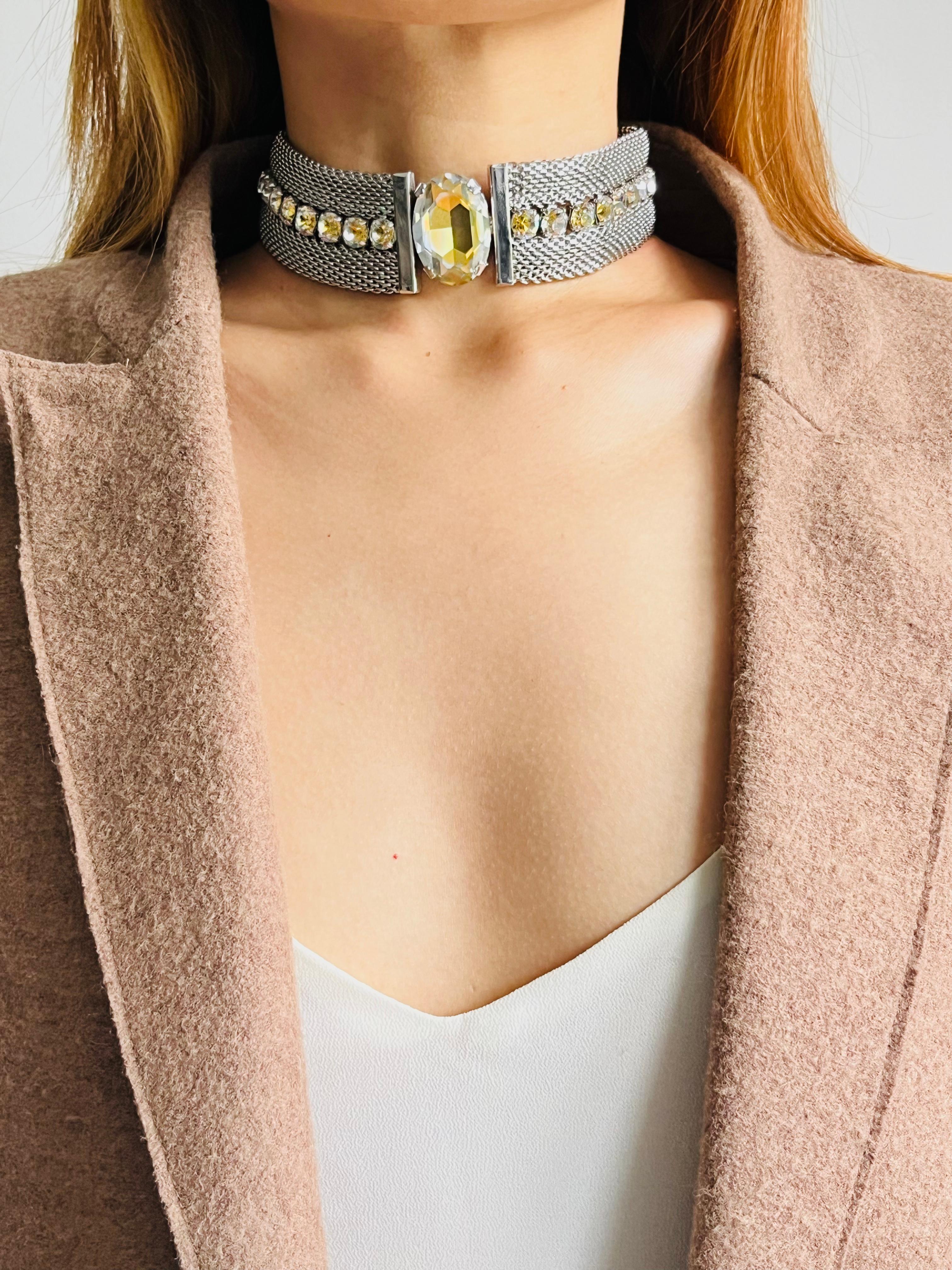 CHRISTIAN DIOR 1994 Citrine Oval Pendant Crystals Mesh Choker Silver Necklace For Sale 3