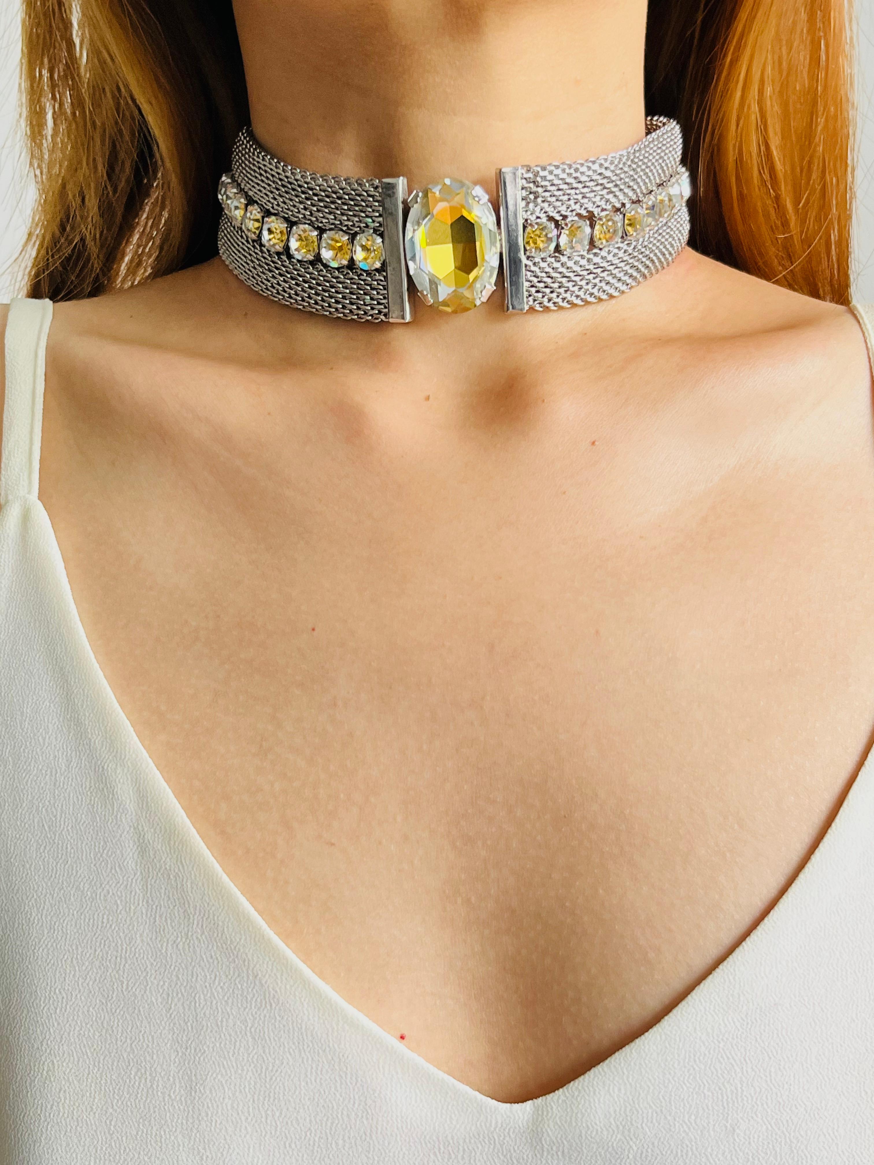 CHRISTIAN DIOR 1994 Citrine Oval Pendant Crystals Mesh Choker Silver Necklace For Sale 4