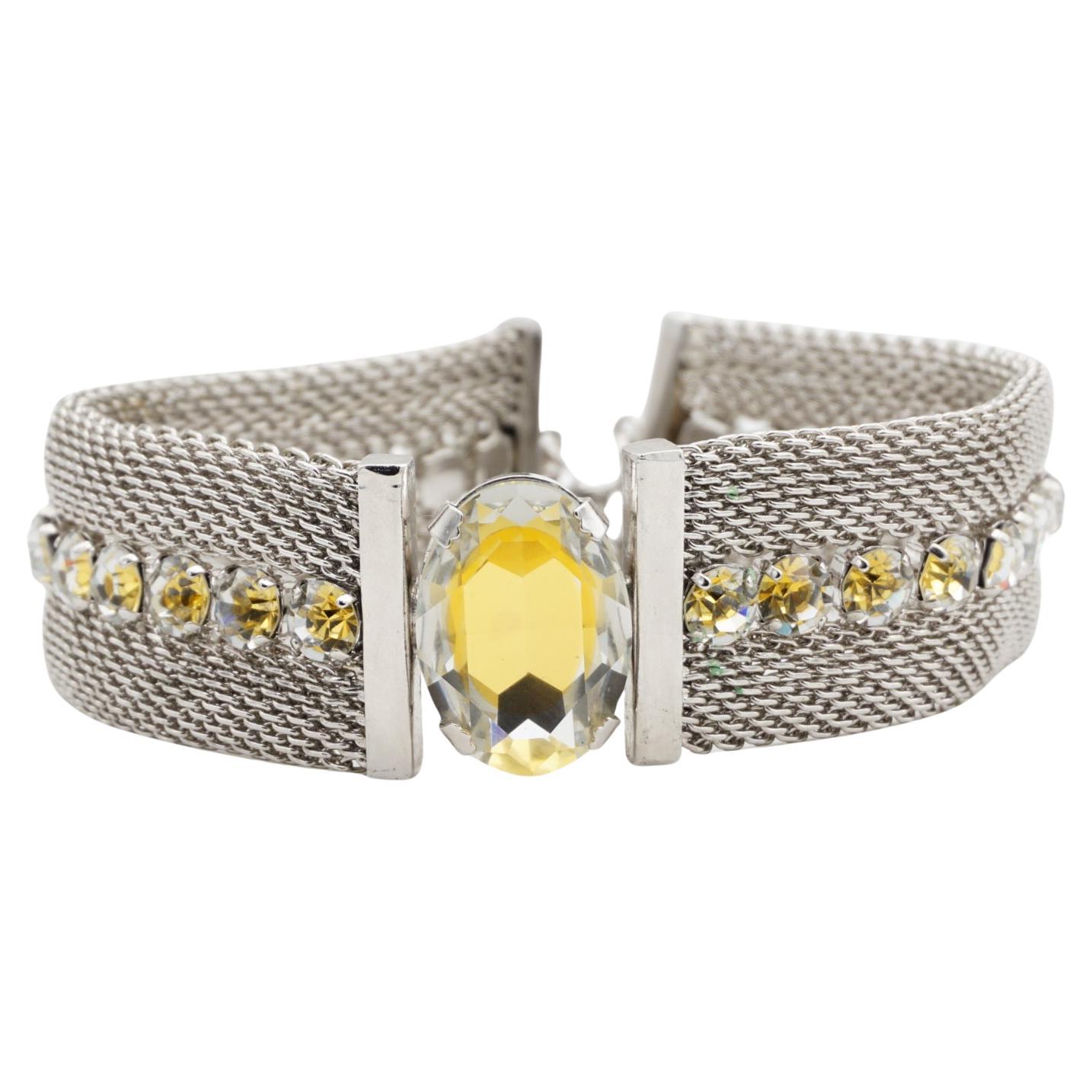CHRISTIAN DIOR 1994 Citrine Oval Pendant Crystals Mesh Choker Silver Necklace For Sale