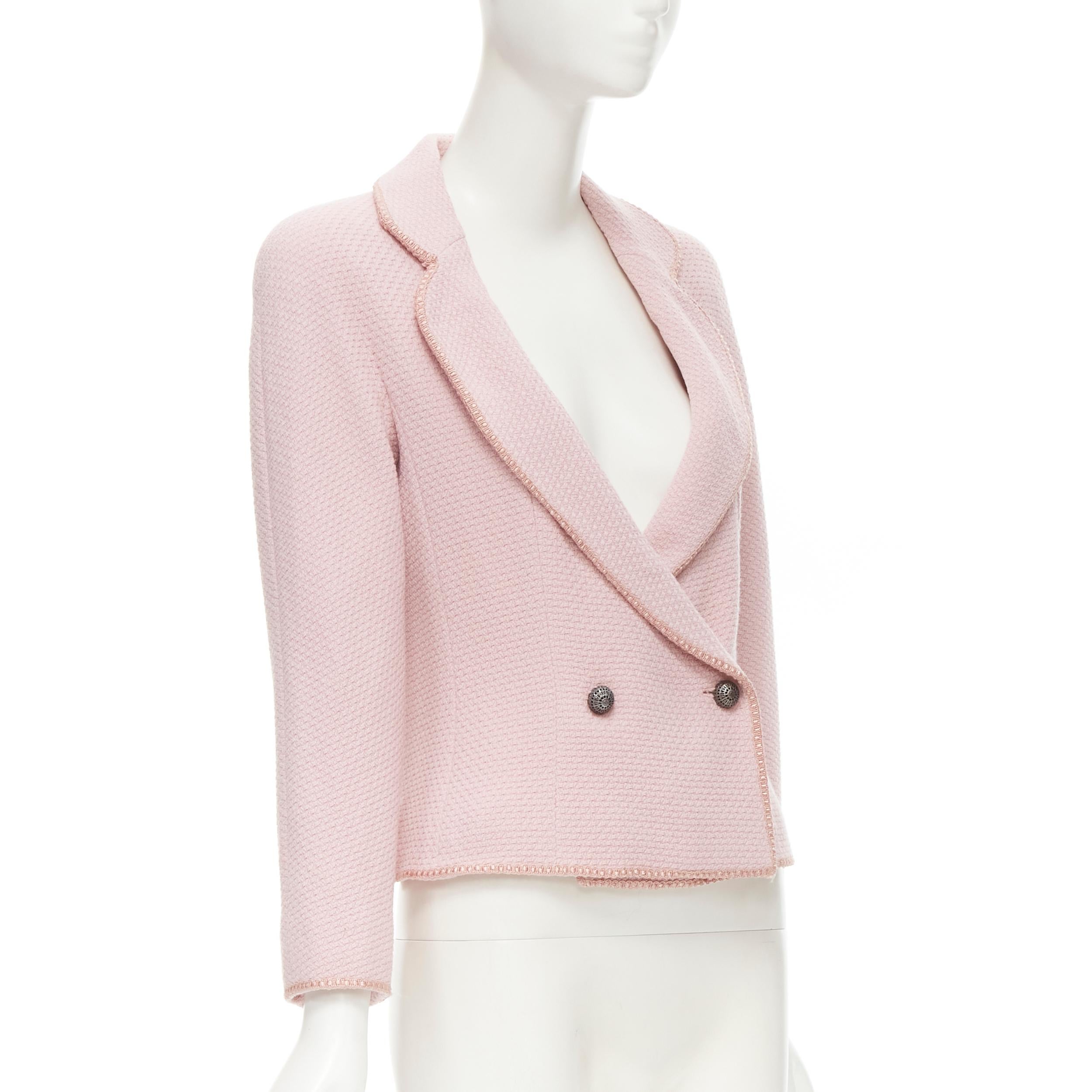 CHRISTIAN DIOR 1997 Runway John Galliano pink tweed ribbon trimmed jacket FR42 L 
Reference: JYLM/A00020 
Brand: Christian Dior 
Designer: John Galliano 
Collection: 1997 
Material: Wool 
Color: Pink 
Pattern: Solid 
Closure: Button 
Extra Detail: