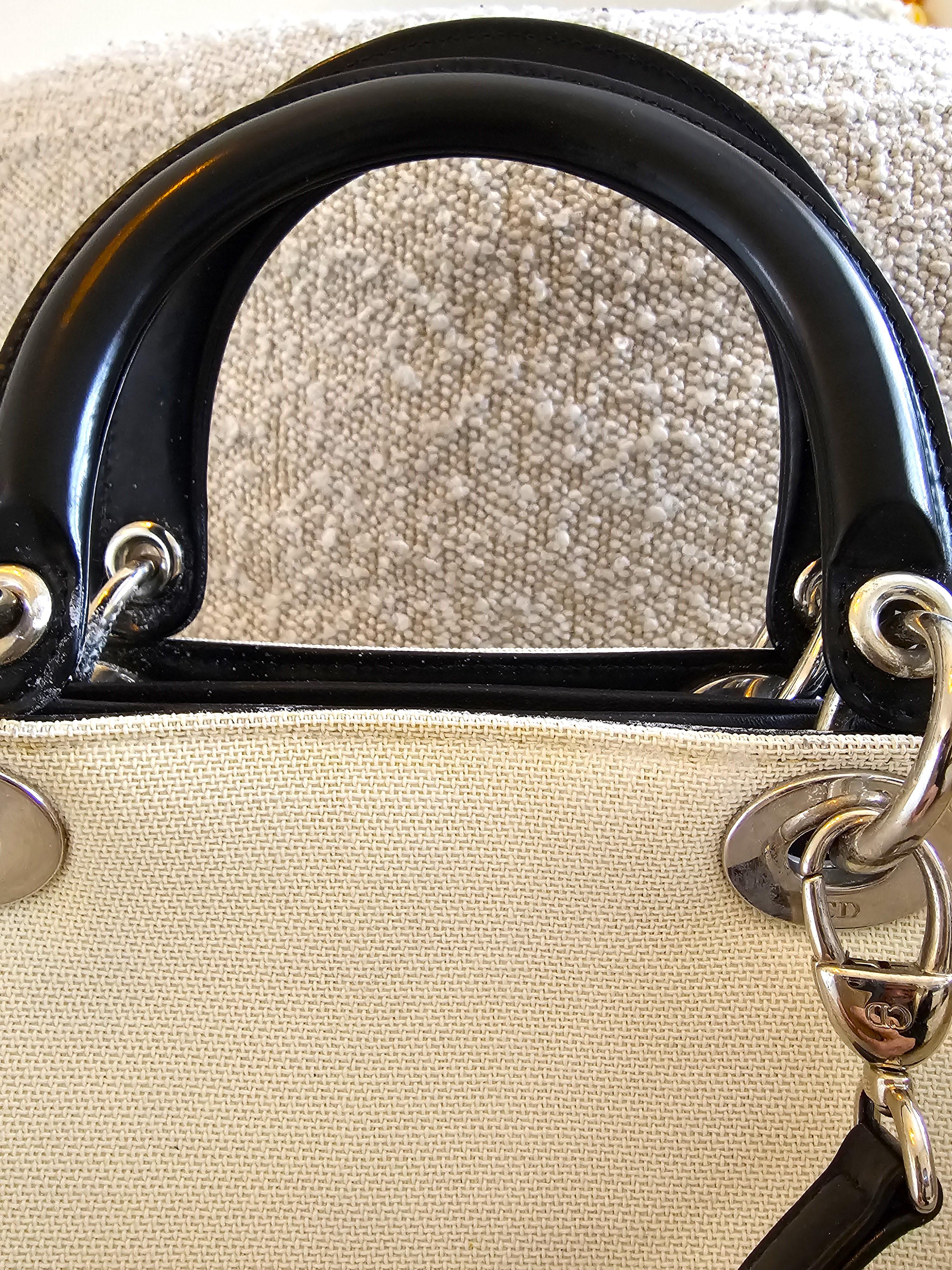 Beige Christian Dior 1999 Lady Dior Handbag Canvas Patent Leather Collectors Large For Sale