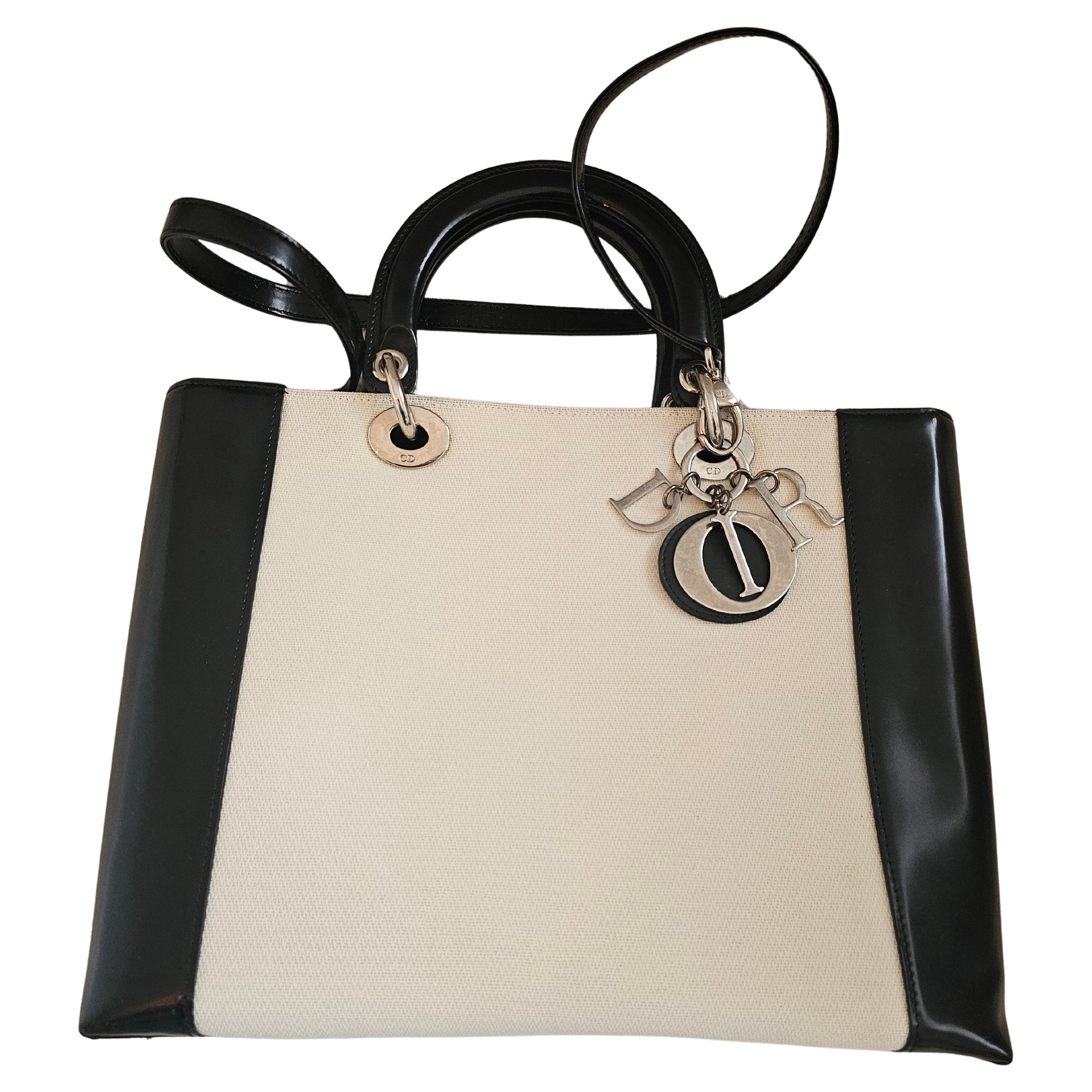 Christian Dior 1999 Lady Dior Handbag Canvas Patent Leather Collectors Large For Sale