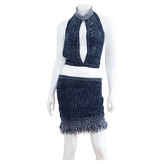 CHRISTIAN DIOR 2000 Sheer Blue Knit Top & Skirt Set by John Galliano Runway S/S