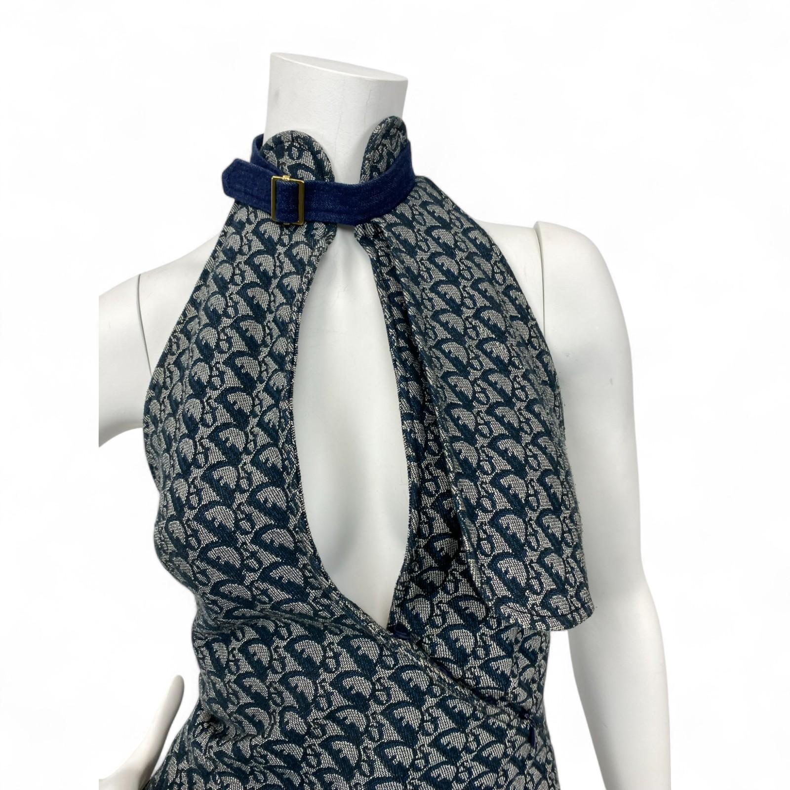 Christian Dior 2000s Denim Monogram Halter Dress & Diorissimo Saddle Bag Set In Good Condition For Sale In West Hartford, CT