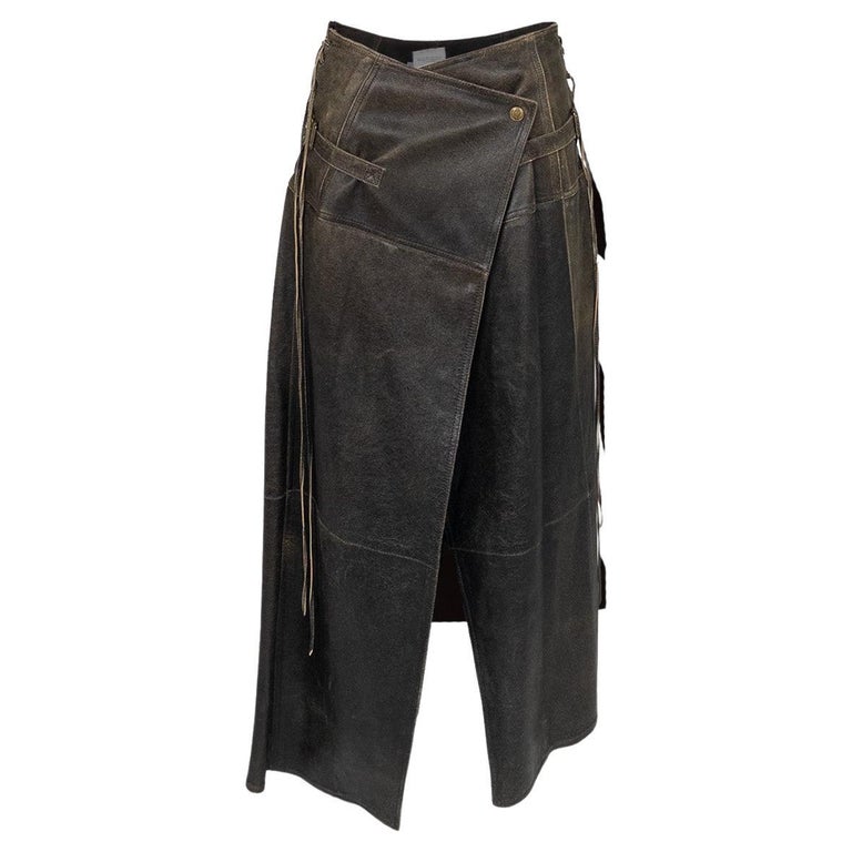 Christian Dior 2001 Galliano Era Distressed Leather Skirt Western  
