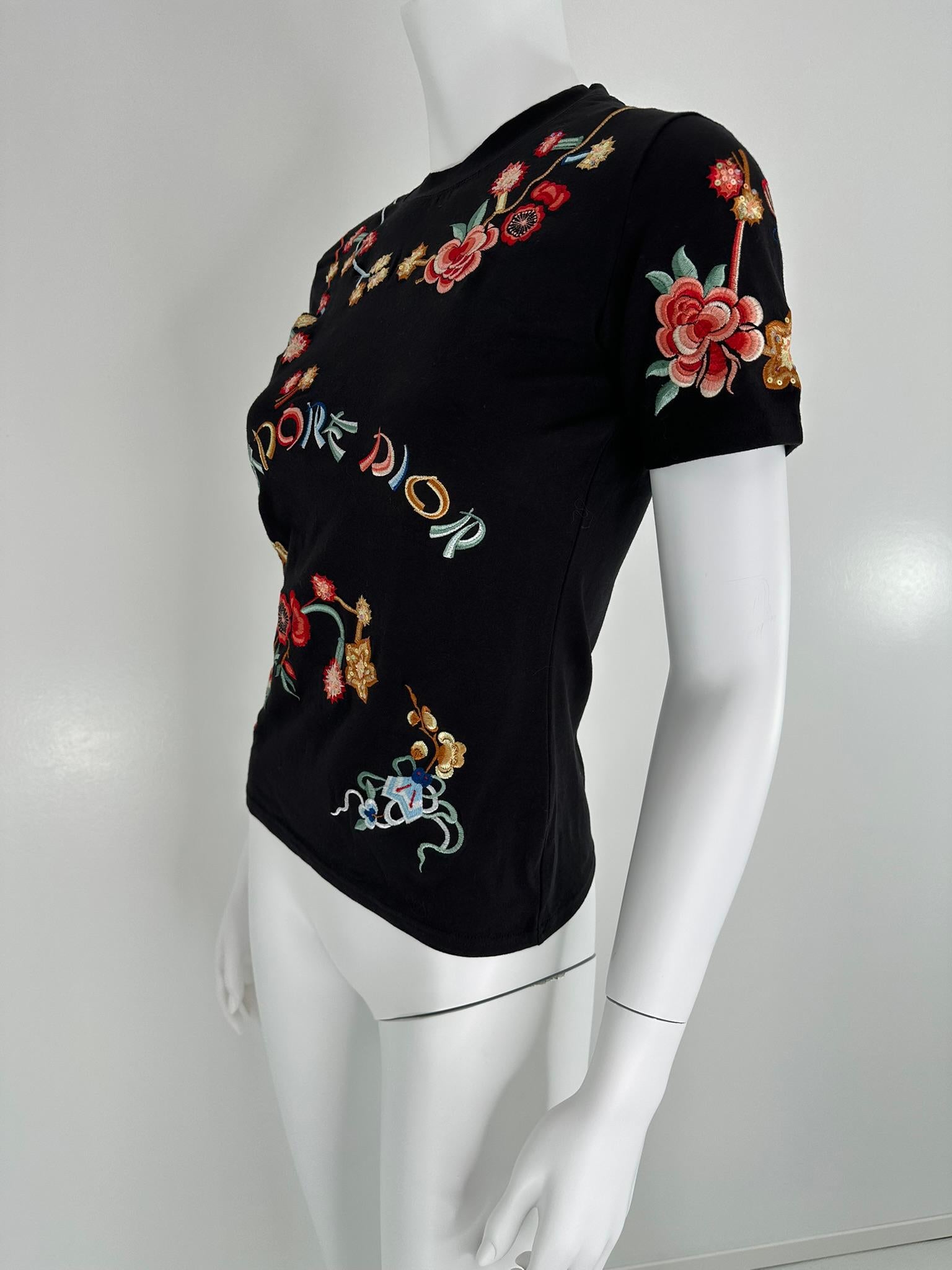 Donna Christian Dior 2001 J'ADORE DIOR Nero Ricamato  Maglietta a maniche corte 10 in vendita