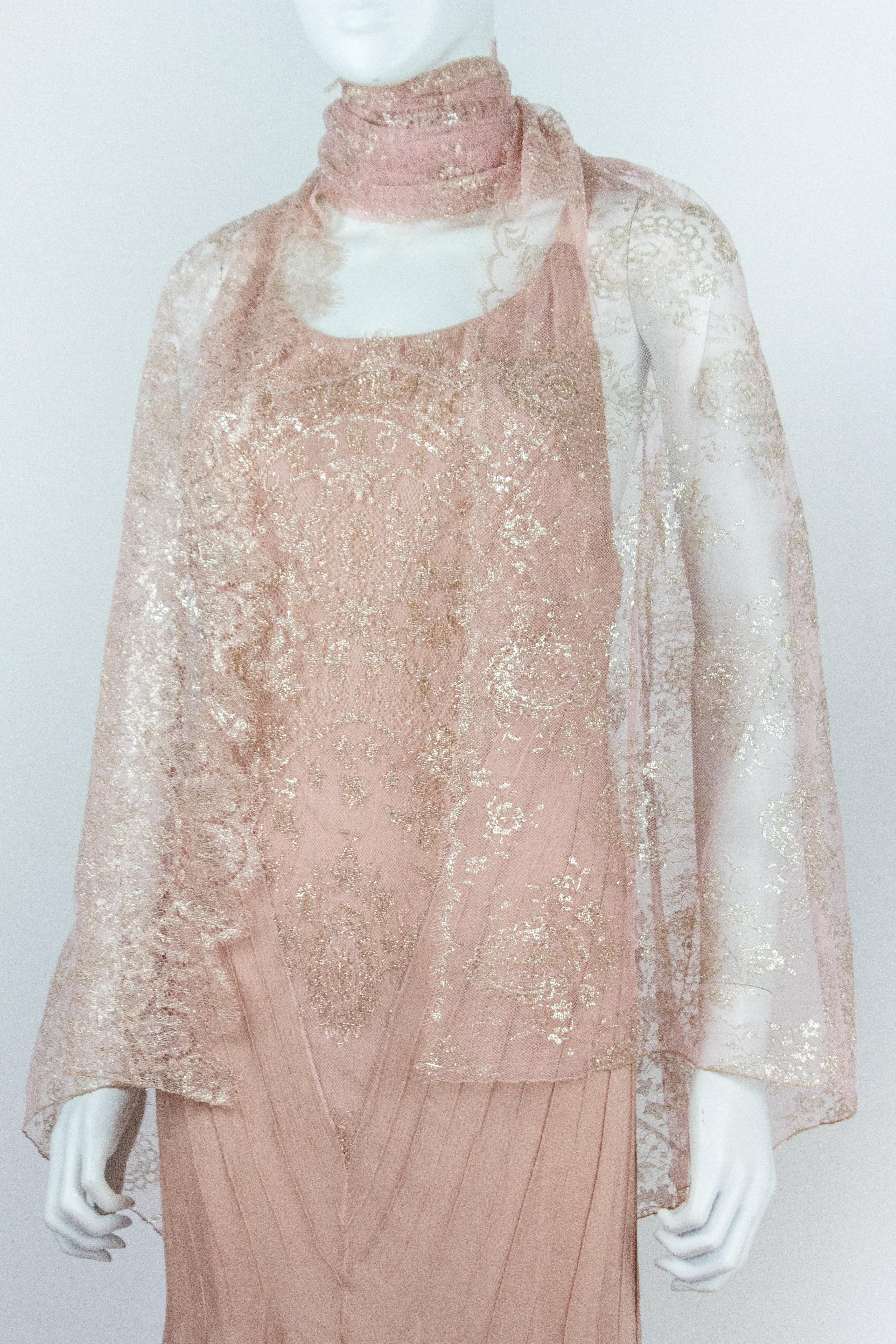 Christian Dior pink silk dress and matching lace shawl, from the Fall/Winter 2002 collection designed by John Galliano. 

Condition
Very good

Marked Size
UK 12