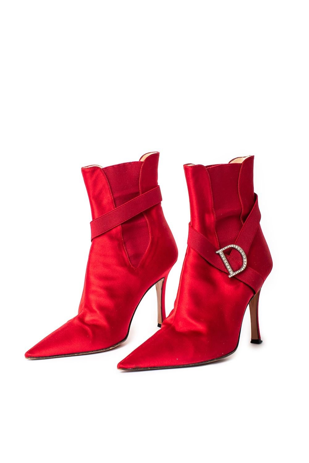 Christian Dior 2003 John Galliano Red Satin Ankle Boots With Crystal D Logos In Good Condition In BELLEVUE HILL, NSW