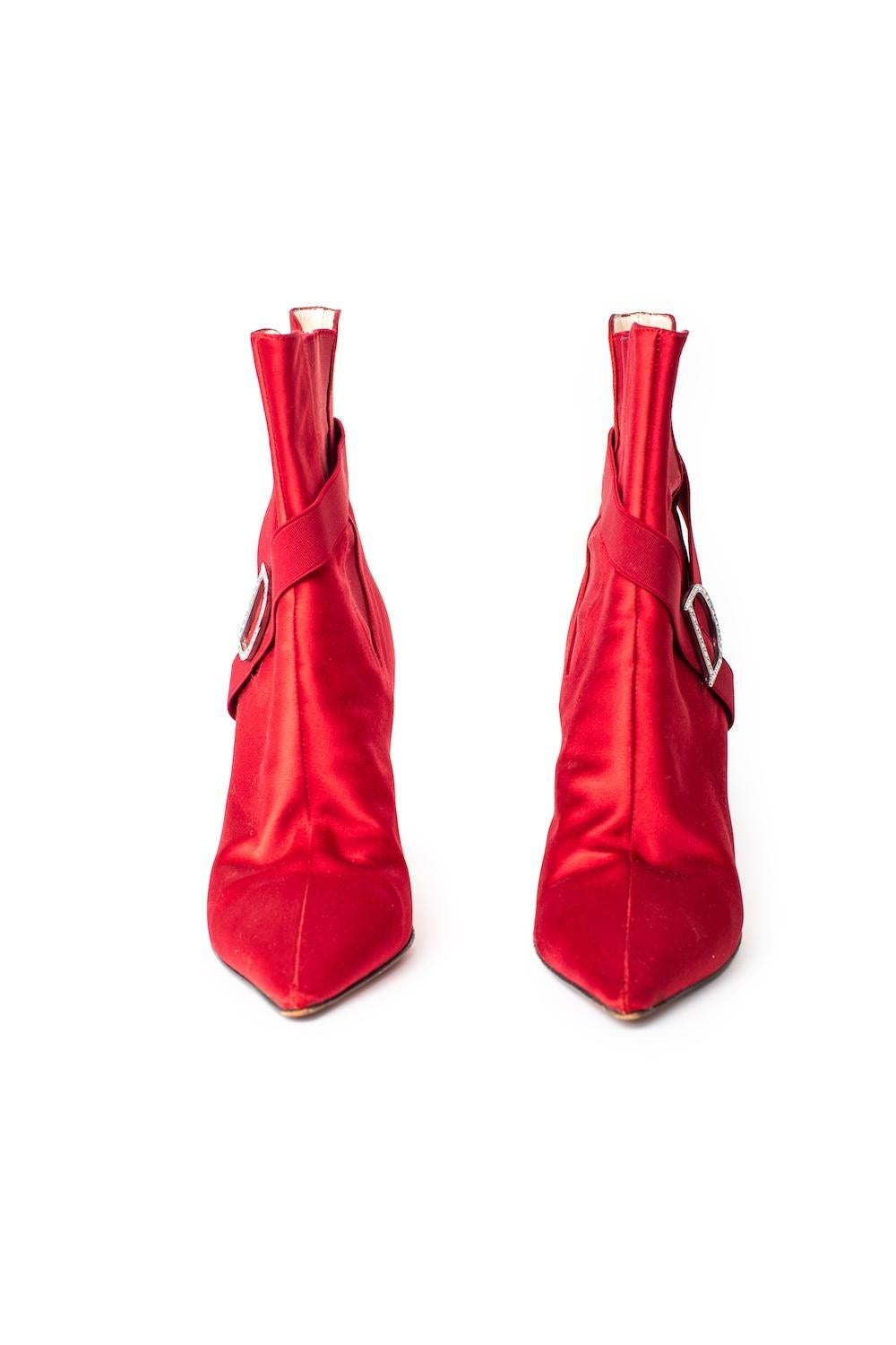 Women's Christian Dior 2003 John Galliano Red Satin Ankle Boots With Crystal D Logos