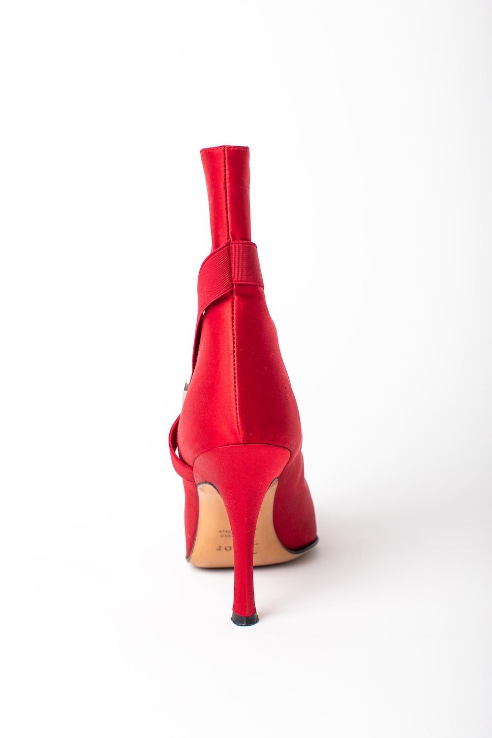 Christian Dior 2003 John Galliano Red Satin Ankle Boots With Crystal D Logos 1