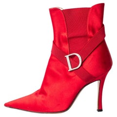 Christian Dior 2003 John Galliano Red Satin Ankle Boots With Crystal D Logos