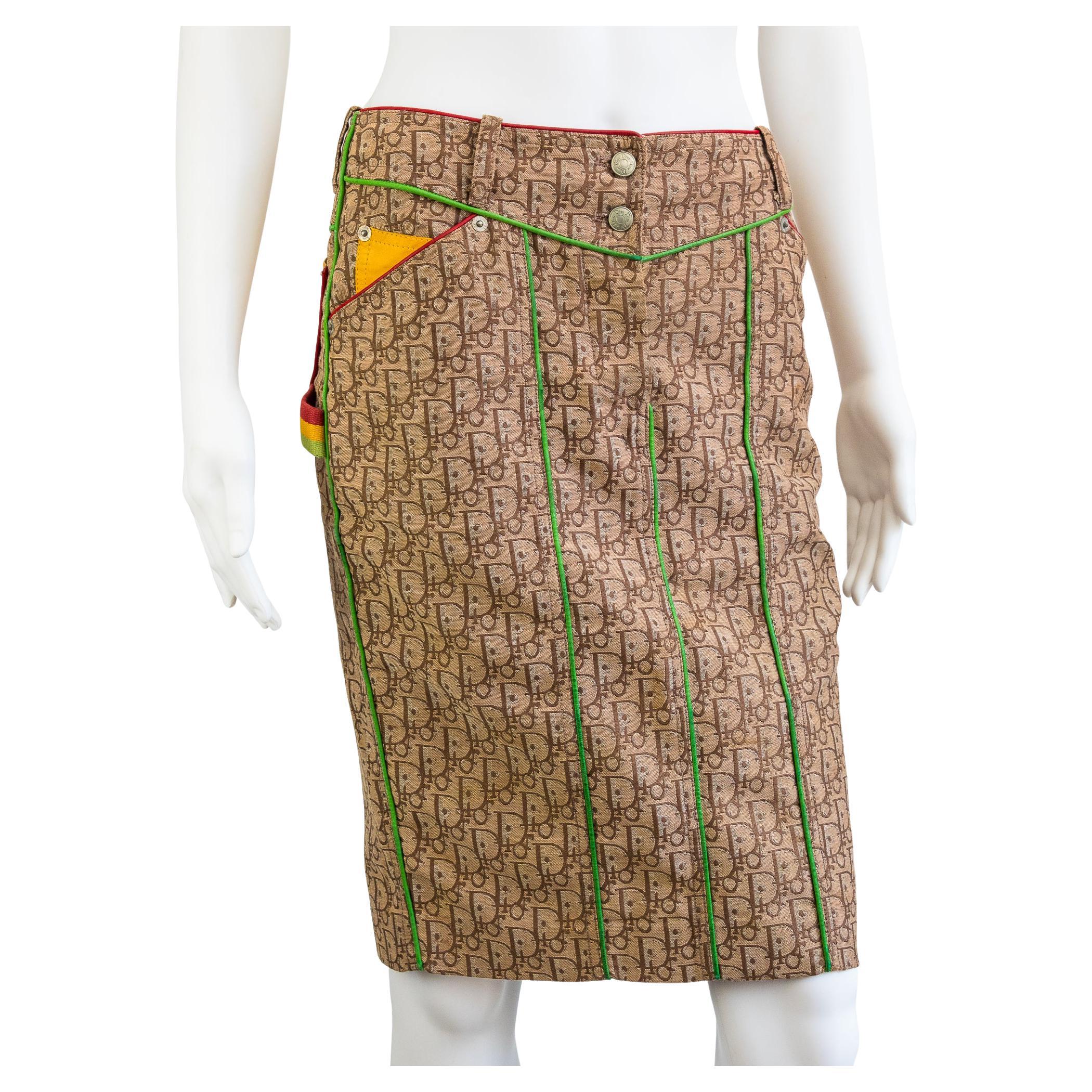 Christian Dior by Galliano 2004 Rasta Monogram Knee Length Skirt size 34 For Sale