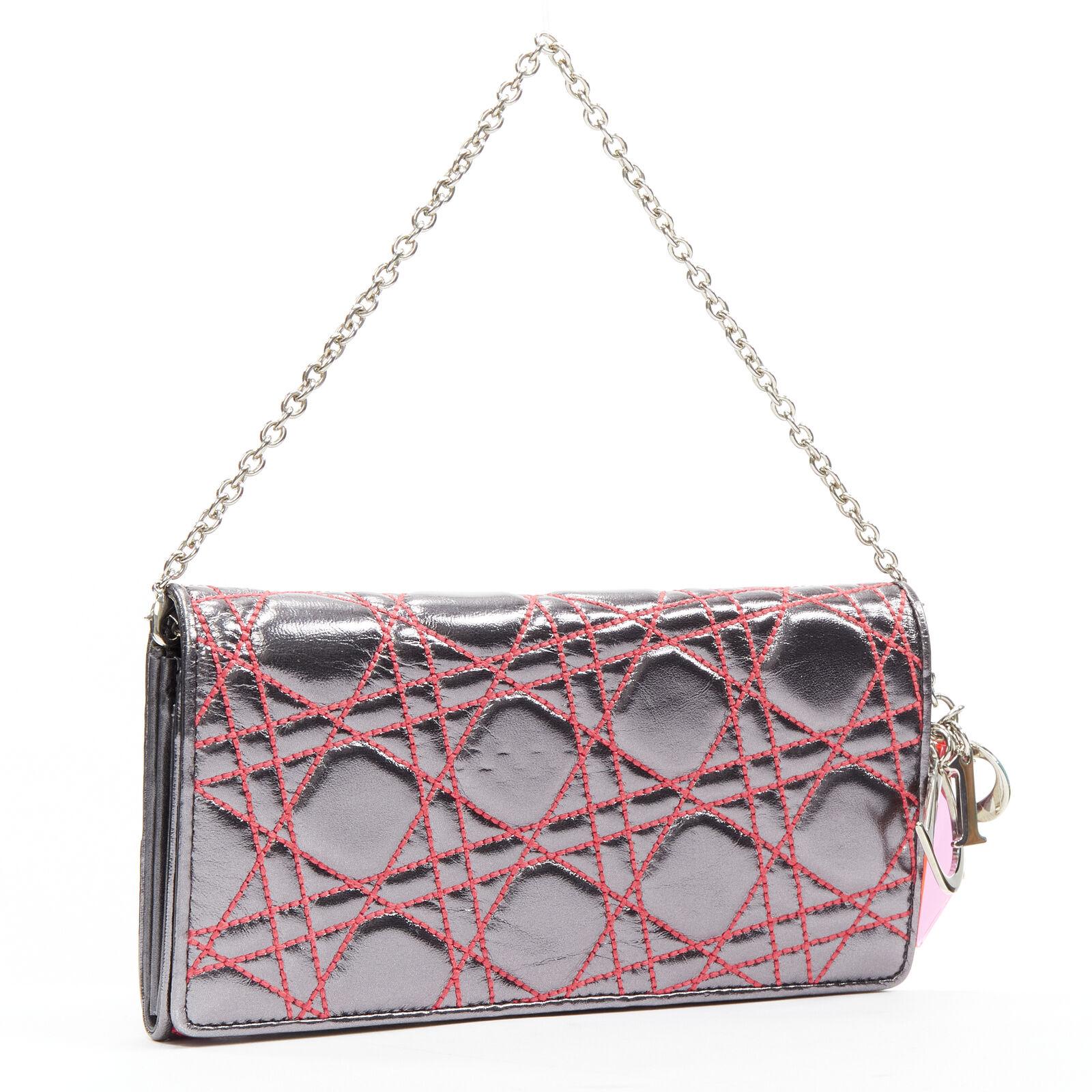 Gray CHRISTIAN DIOR 2011 Anselm Reyle silver neon pink Cannage wallet on chain bag