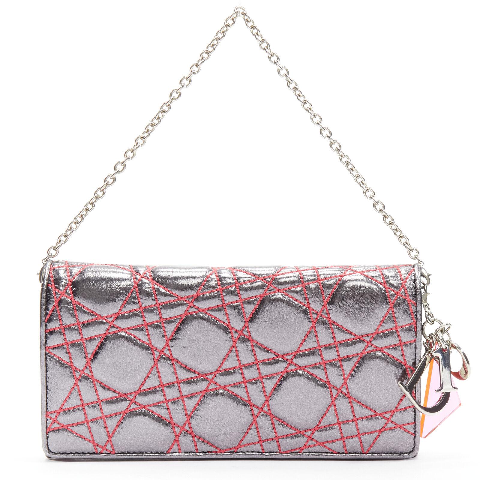 CHRISTIAN DIOR 2011 Anselm Reyle silver neon pink Cannage wallet on chain bag
