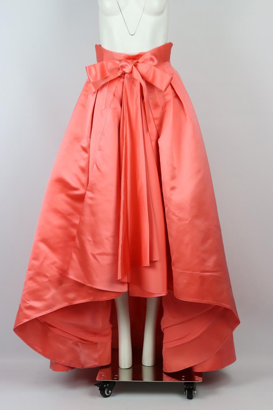 Christian Dior 2013 asymmetric pleated silk satin maxi skirt. Salmon. Zip fastening at back. 100% Silk; lining: 100% silk. Size: FR 38 (UK 10, US 6, IT 42). Waist: 28.2 in. Hips: 78 in. Min. Length: 35 in. Max. Length: 50 in. Very good condition -