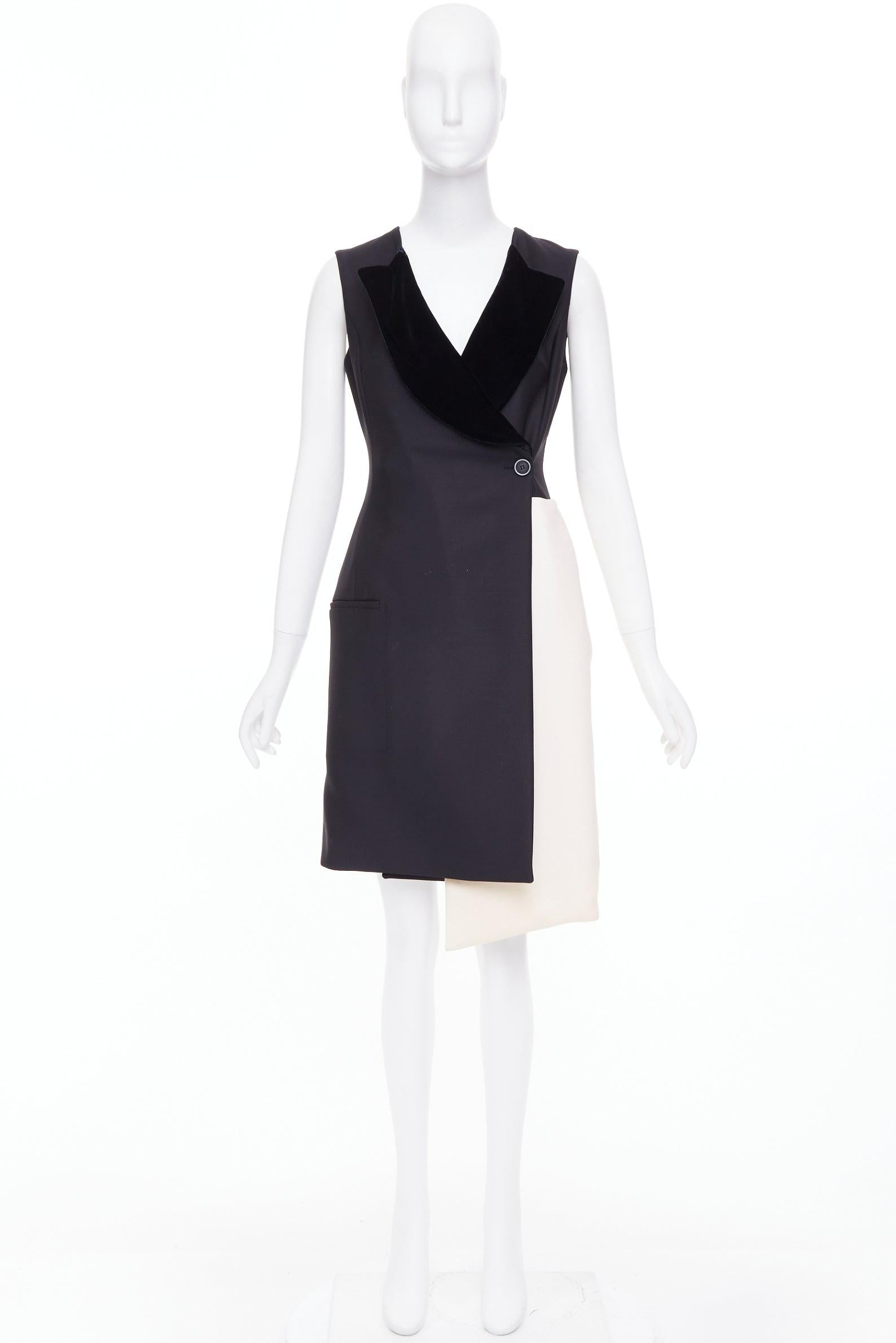 CHRISTIAN DIOR 2013 Raf Simons Schwarzer weißer Samt Revers asymmetrisches Kleid FR36 S im Angebot 6