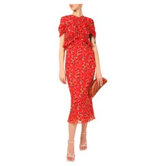 Christian Dior 2017 red yellow white blue floral print silk fitted midi dress