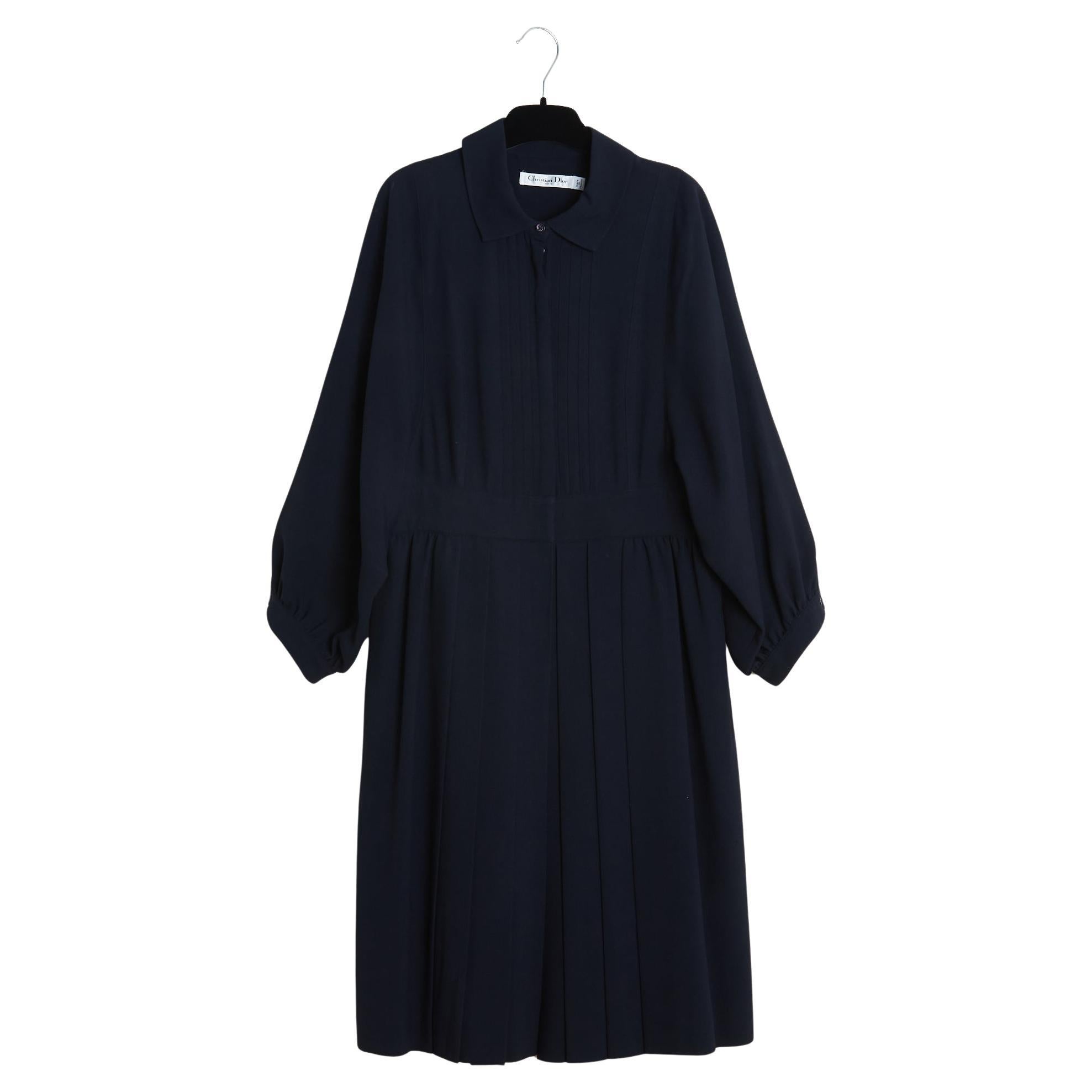 Christian Dior 2017 Robe Marine FR38 Chiuri Navy Wool Pleated Dress UK10 US8 For Sale