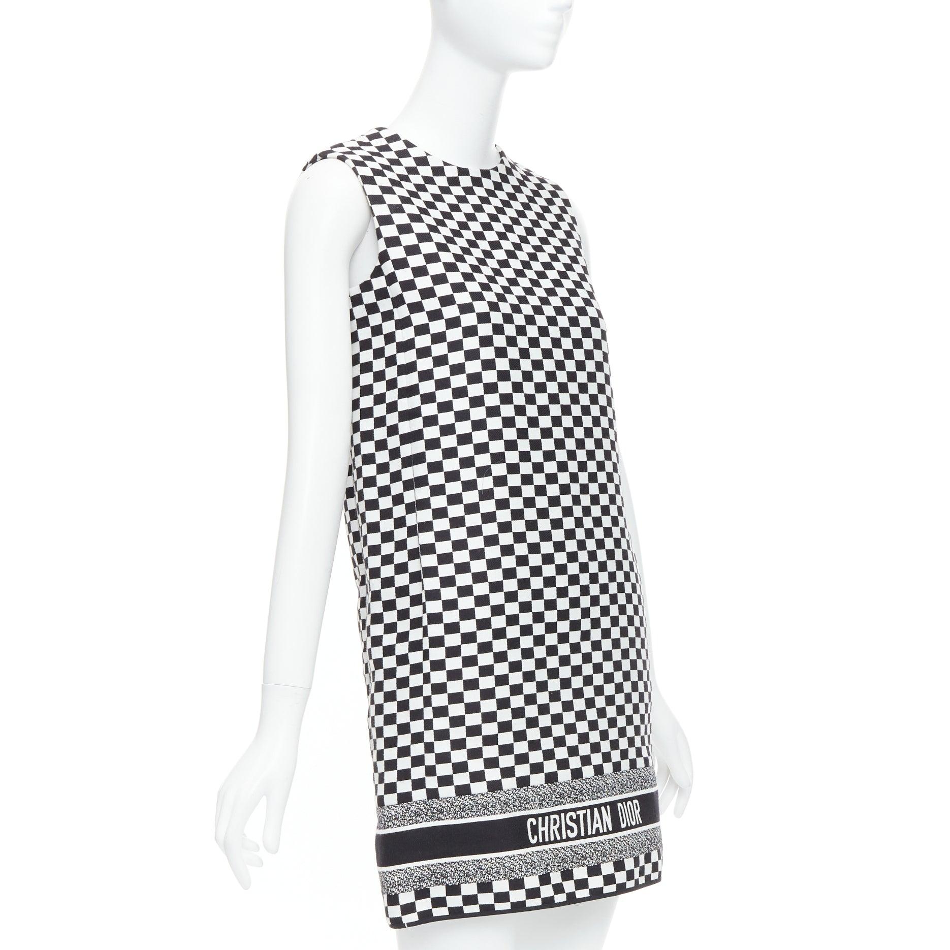 Gray CHRISTIAN DIOR 2018 black white checkered logo mini shift dress FR34 XS